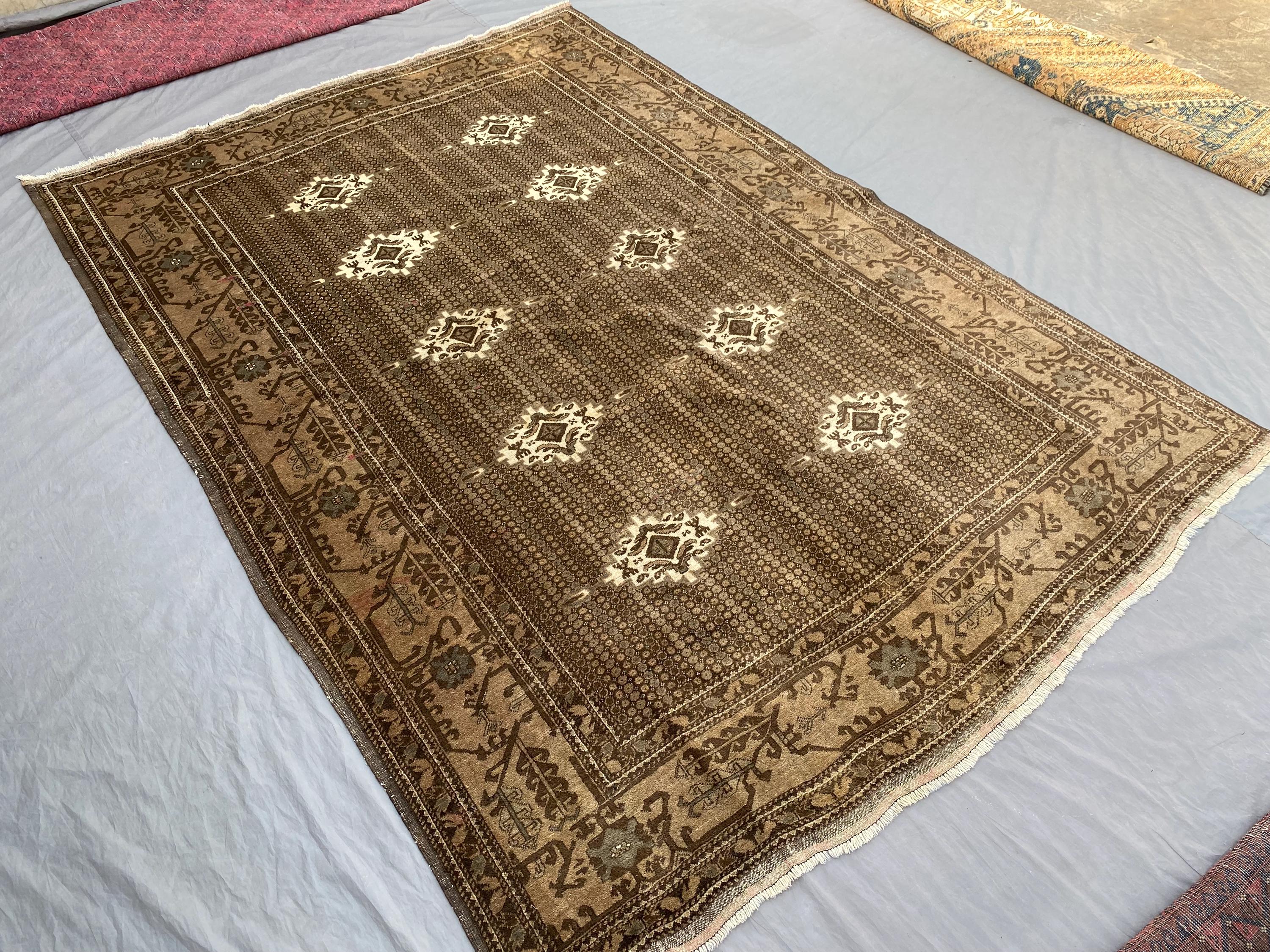 6'6 x 9'7 ft Vintage Turkmen Ersari Rug | Handmade Wool Oriental Carpet | Brown Beige Geometric Pattern | Rare Tribal Area Rug | Bedroom Rug