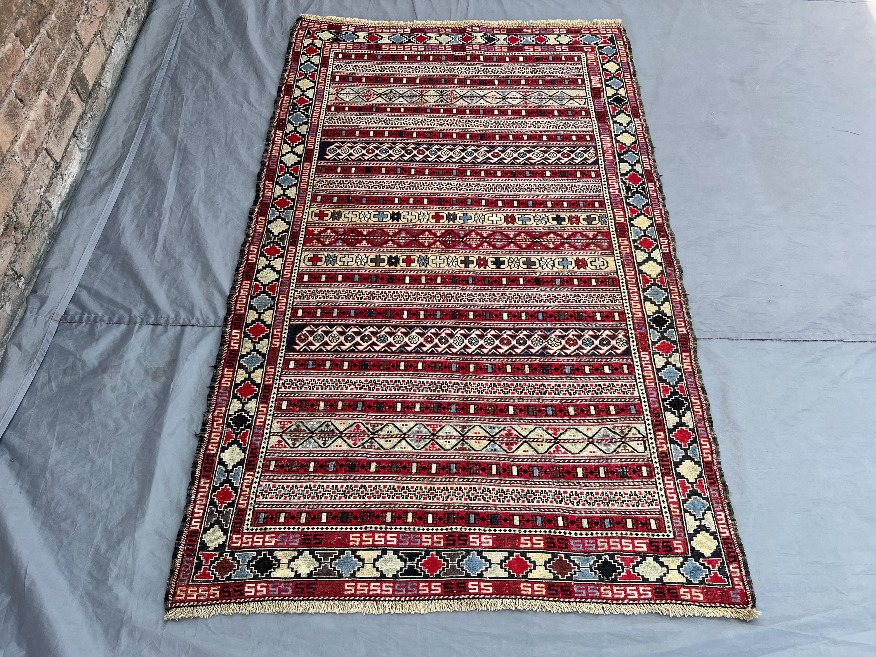Vintage Afghan Sumak Rug 120x186 cm, Flatweave Wool Geometric Kilim | Nomadic Striped Accent Carpet | Handwove