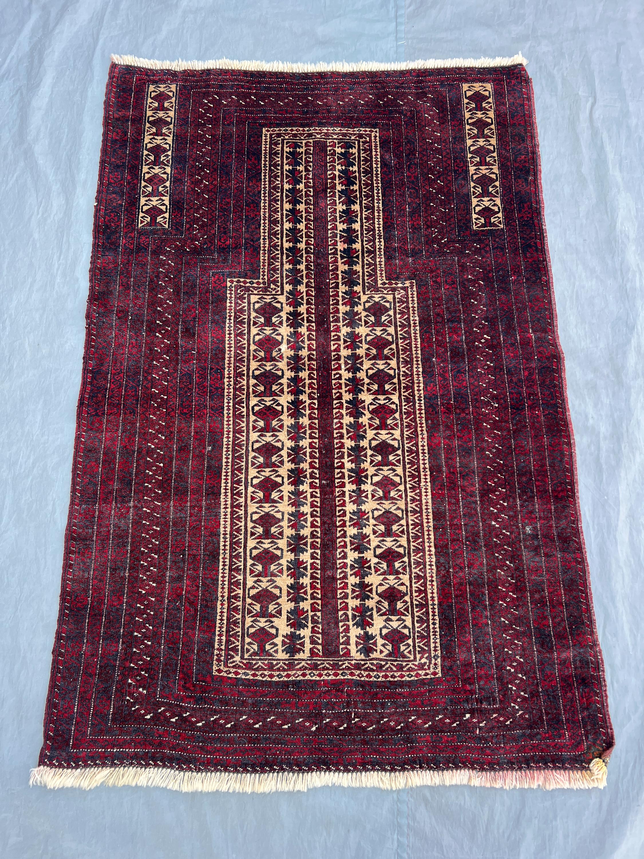 Red 2'11" x 6'4" Vintage Afghan Baluchi Prayer Rug, Hand-Knotted Wool, Mihrab Geometric Design, Soft Pile for