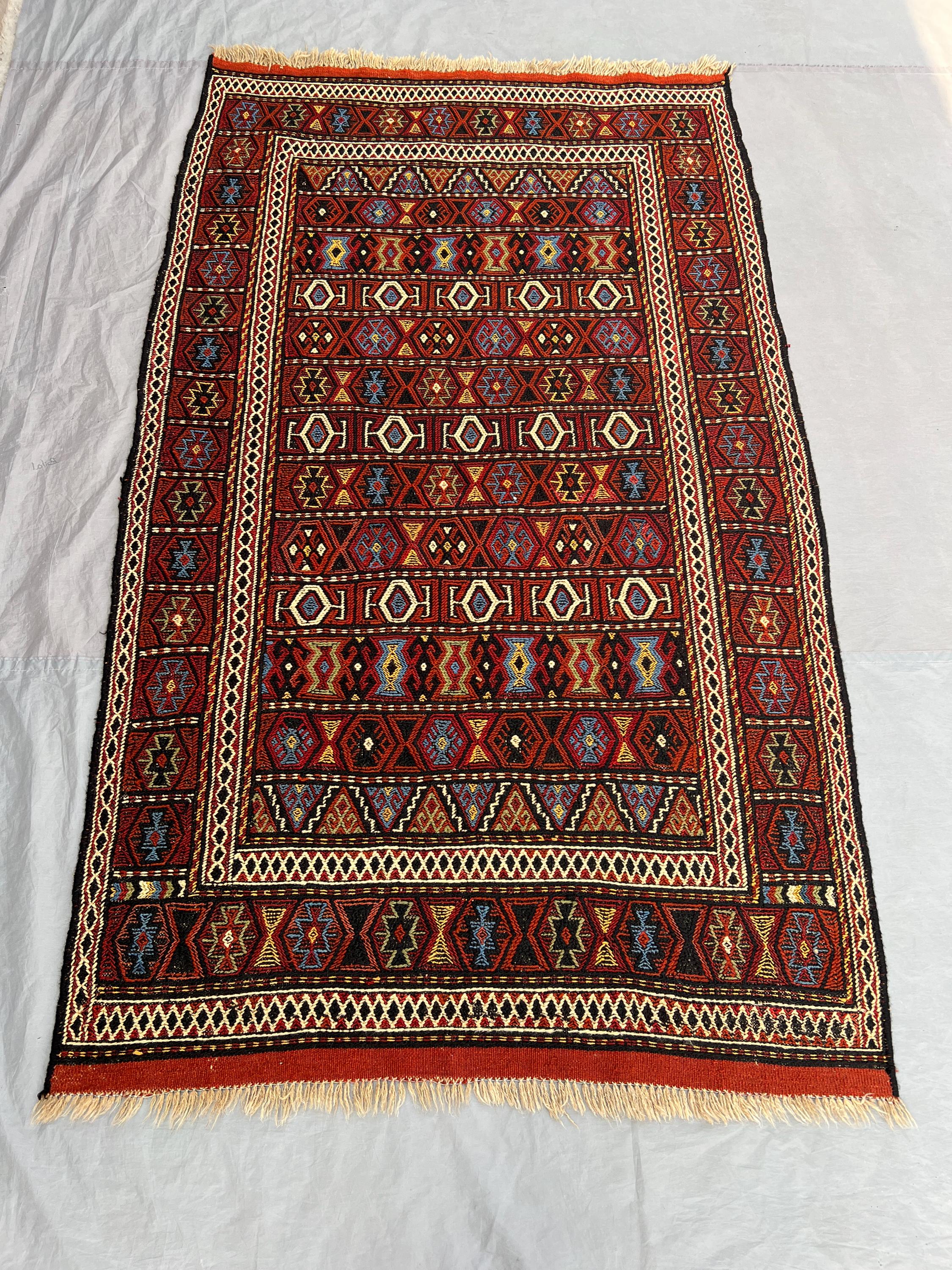 4'x6'8 Ft Handmade Afghan Kilim Flatweave – Bold Red & Black with Geometric Patterns, Wool, Traditional Desig