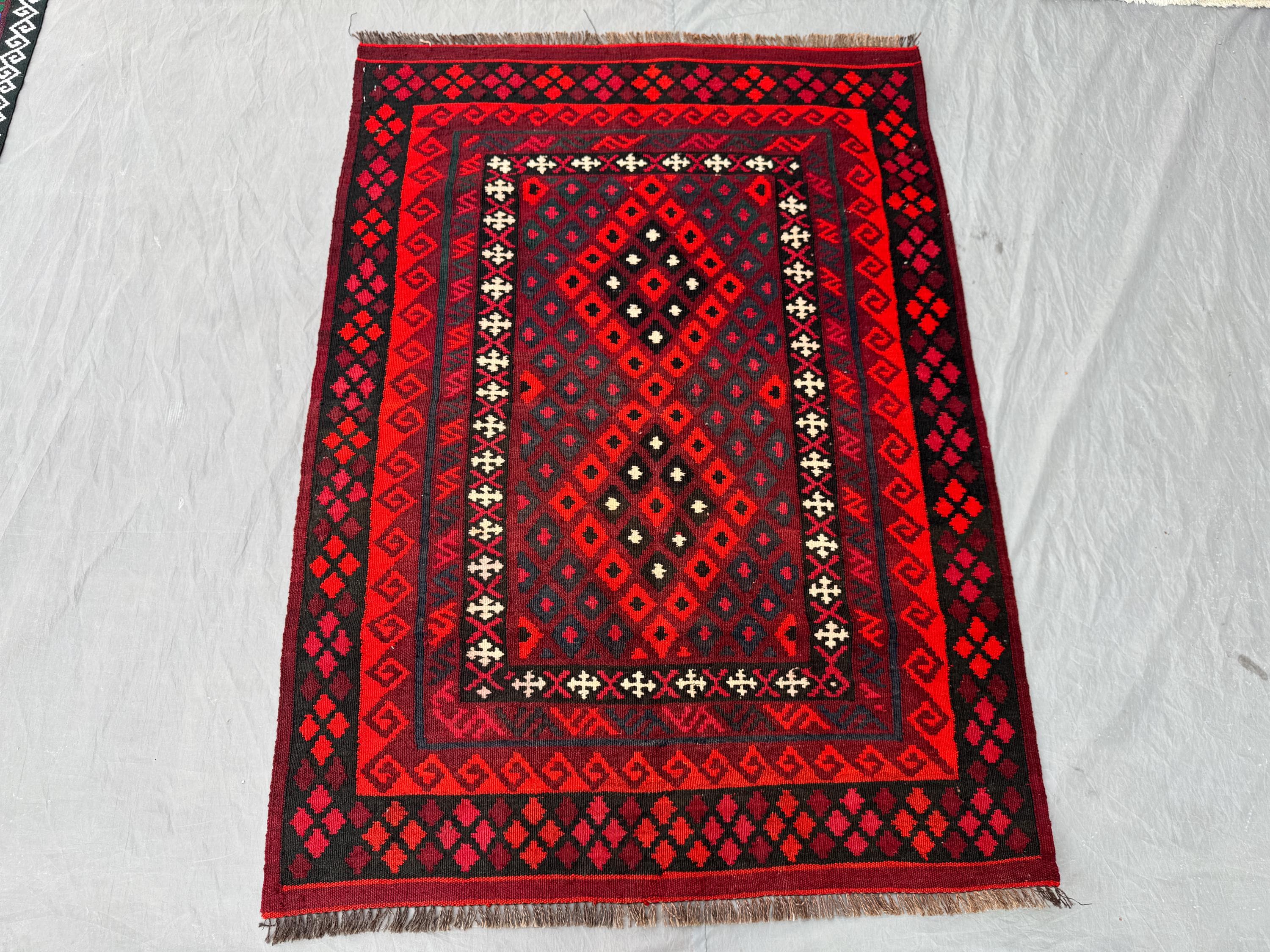 3'5 x 4'8 ft Afghan Handwoven Vintage Flat-Weave Kilim One-of-a-Kind Zanjiri Design Maimana Style Rich Red & Black Wool | Living room decor
