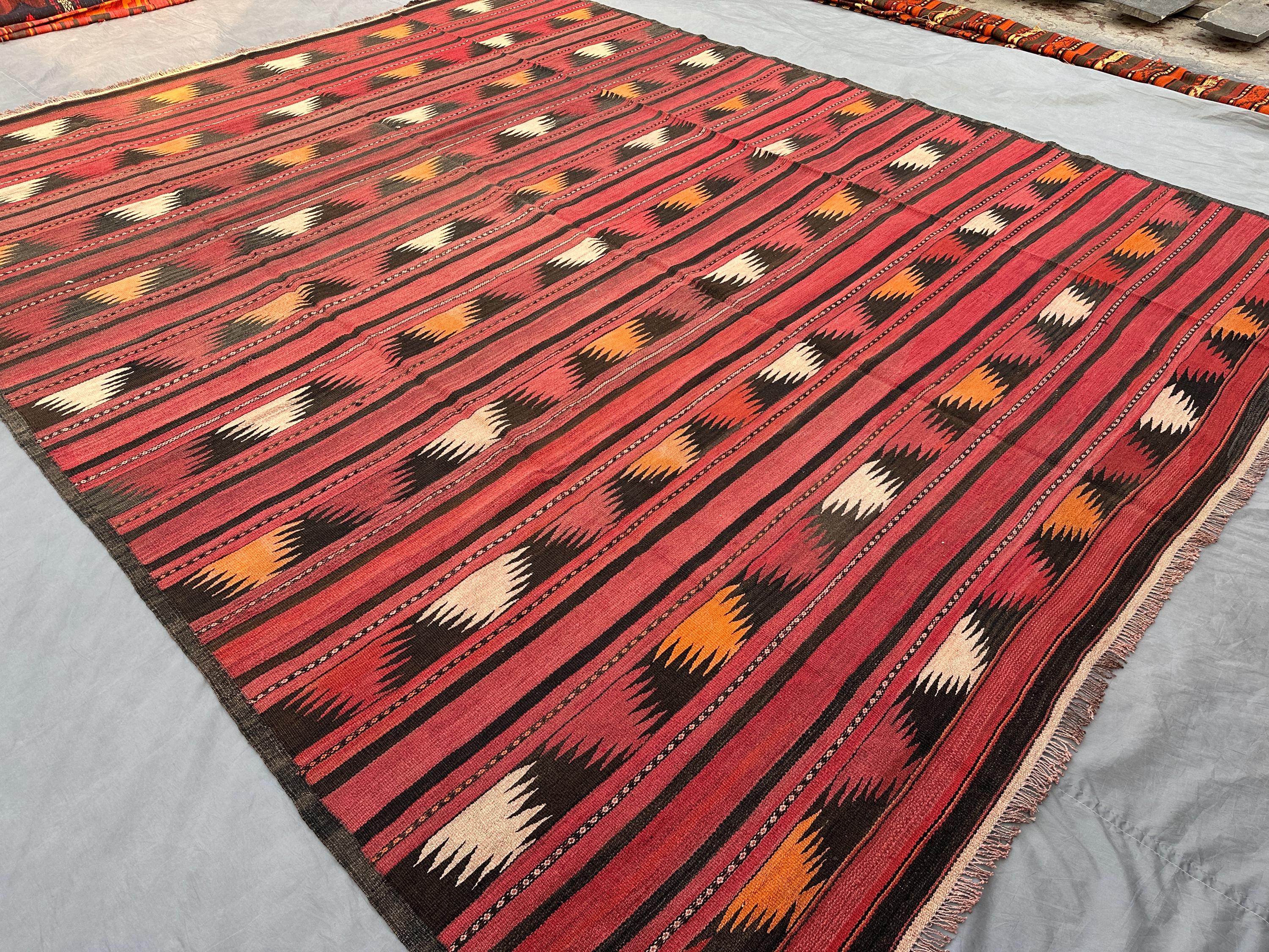 9x11'3 ft Antique Afghan Kilim Rug | Hand Woven Wool Flat Weave Rug | Faded Tribal Turkish Style Large Oriental Area Rug Living Room Carpet