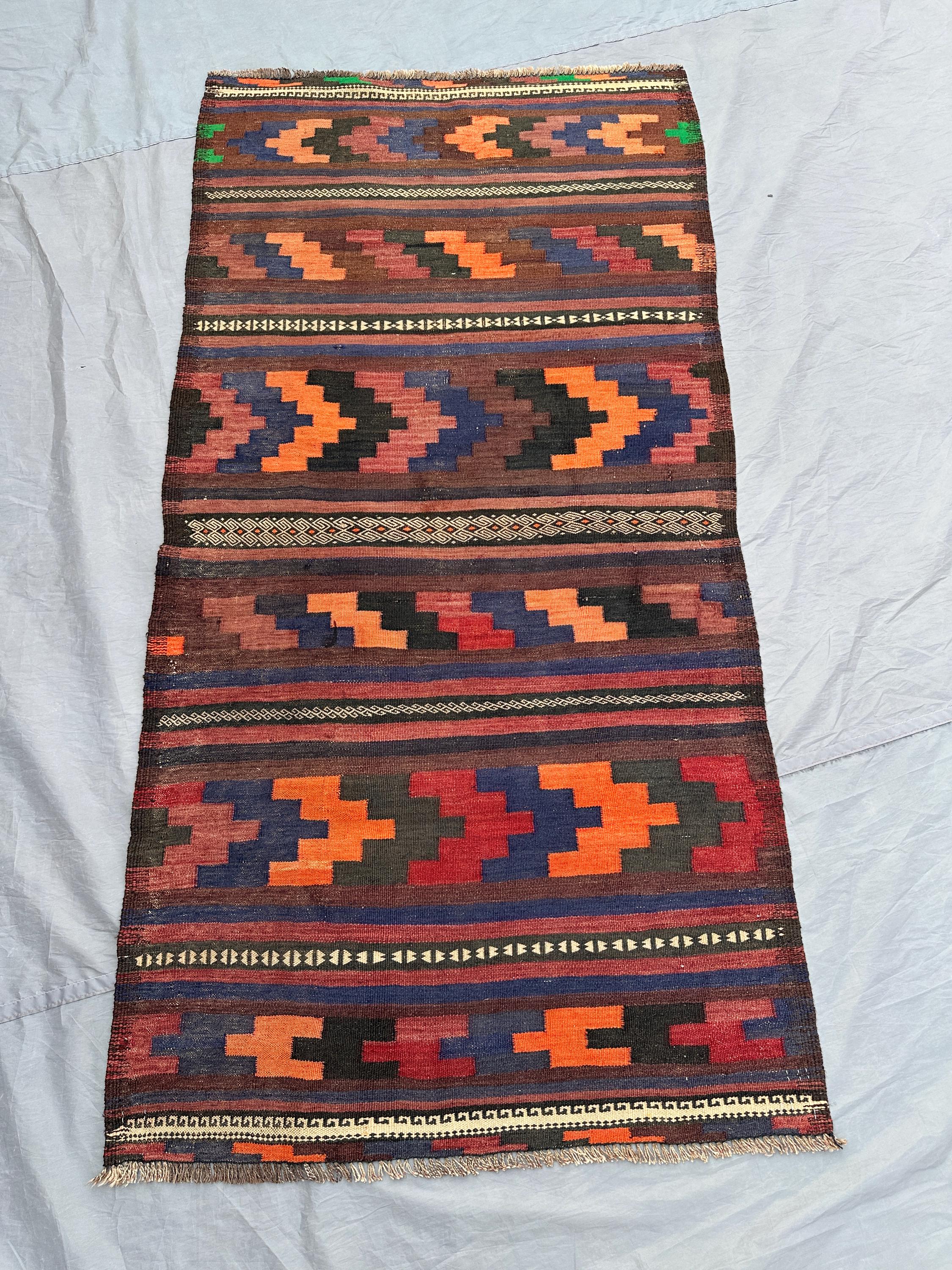 3x6 Vintage Afghan Kilim Rug | Tribal Handwoven Flat Weave Wool Runner | Colorful Nomadic Pattern | Boho Hallway or Entryway Decor Rug