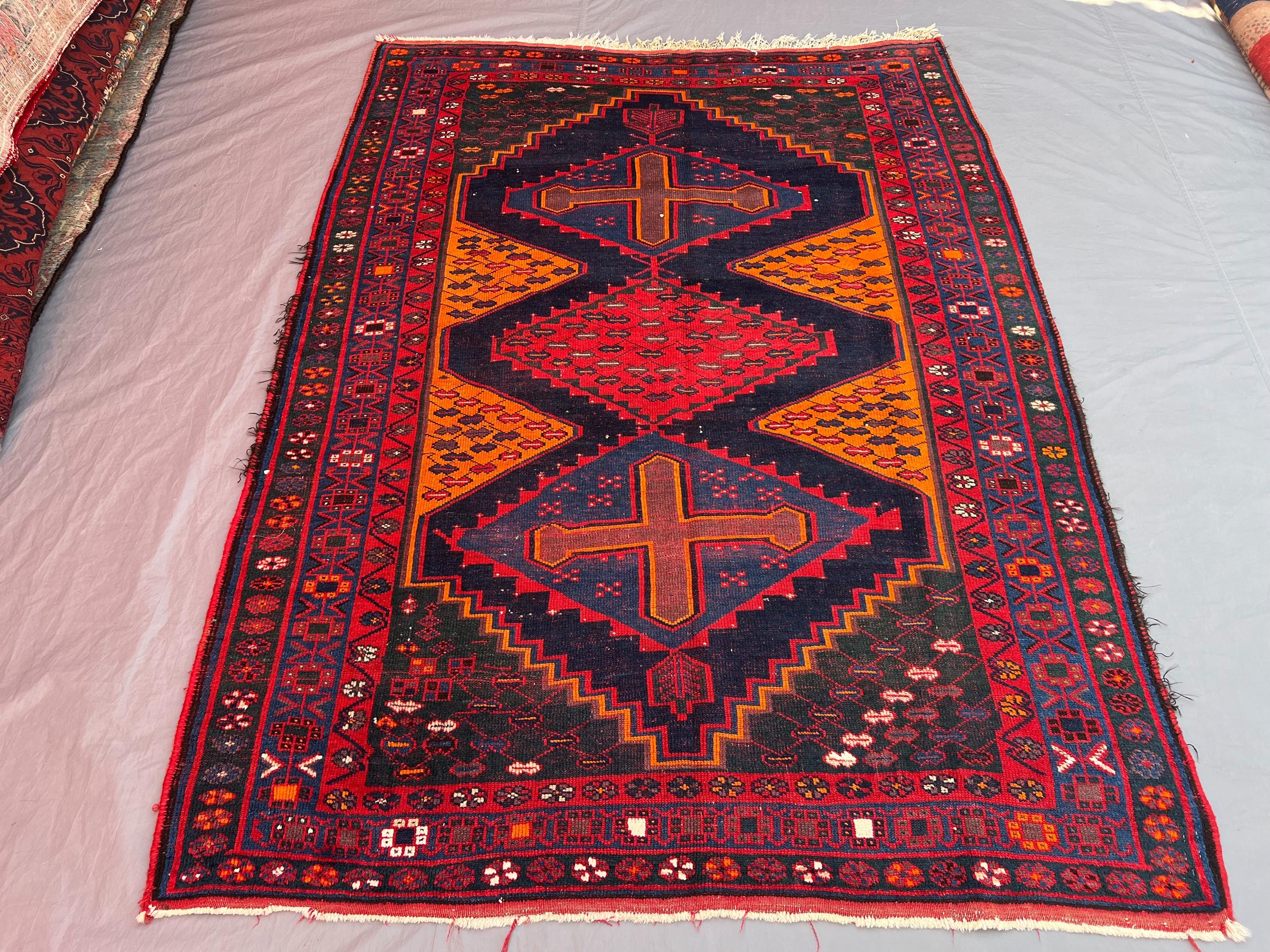 5'4x7'4 Ft Vintage Afghan Hand-Knotted Rug Soft Pile Red, Blue, Orange Tribal Wool Geometric Design Area Rug L