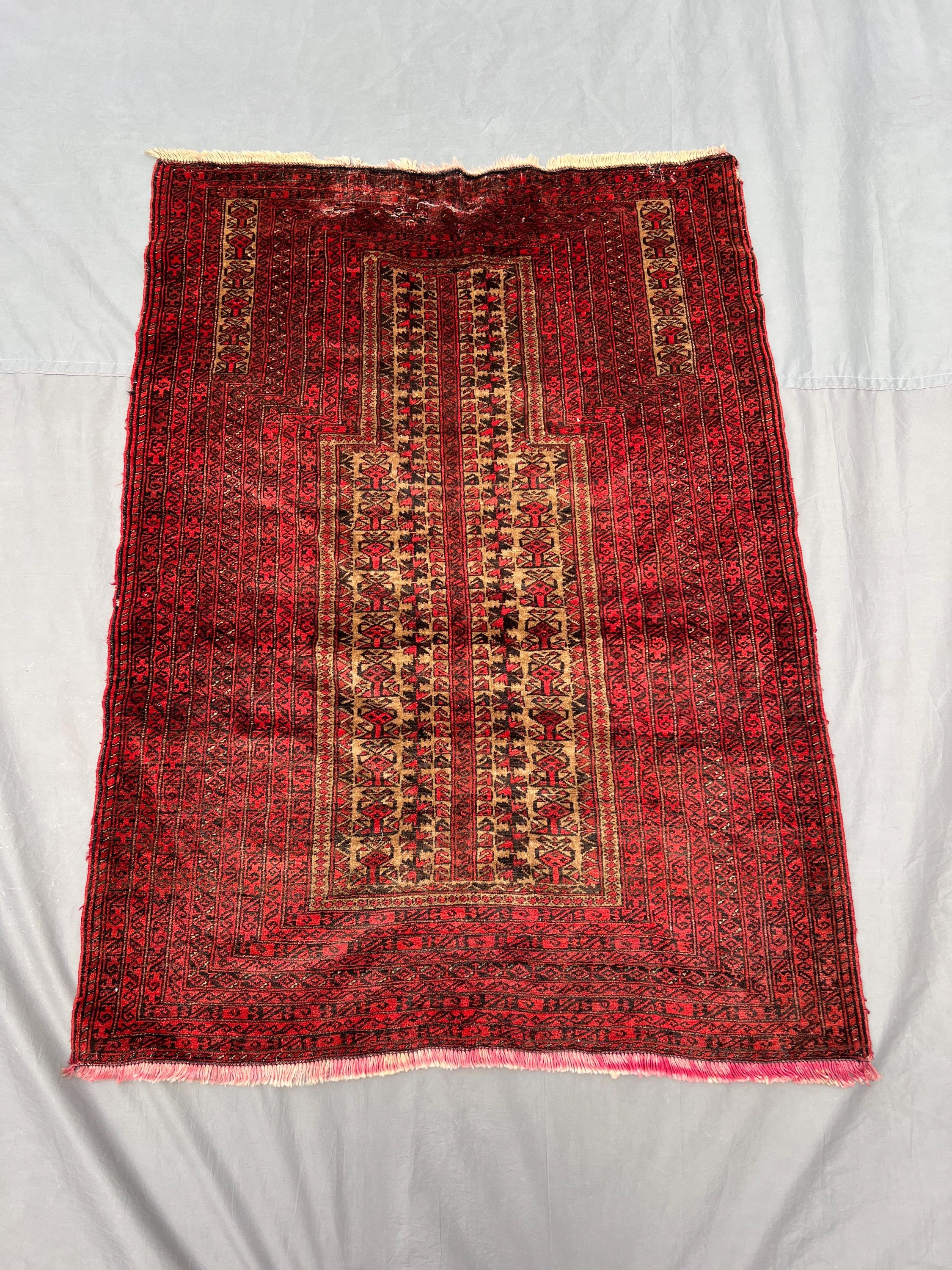3.1x4.4 ft Afghan Prayer Rug | Hand Knotted Wool Antique Red Tribal Niche Design Small Vintage Carpet | One of a Kind Spiritual Kids Rug