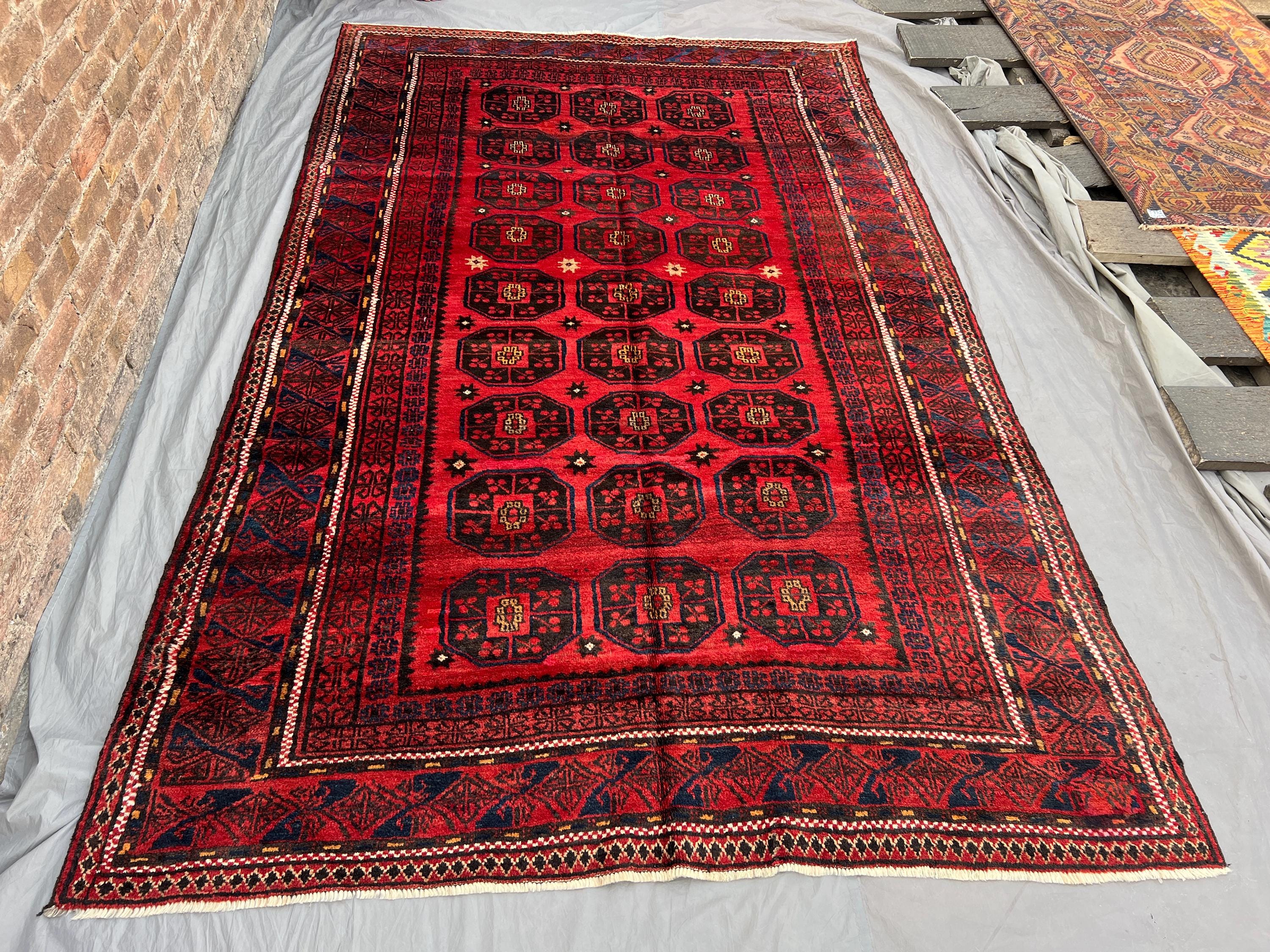 6'2 x 10'1 ft Vintage Afghan Baluchi Rug, Handmade Wool Carpet, Rare Tribal Oriental Area Rug, Red & Black Geo