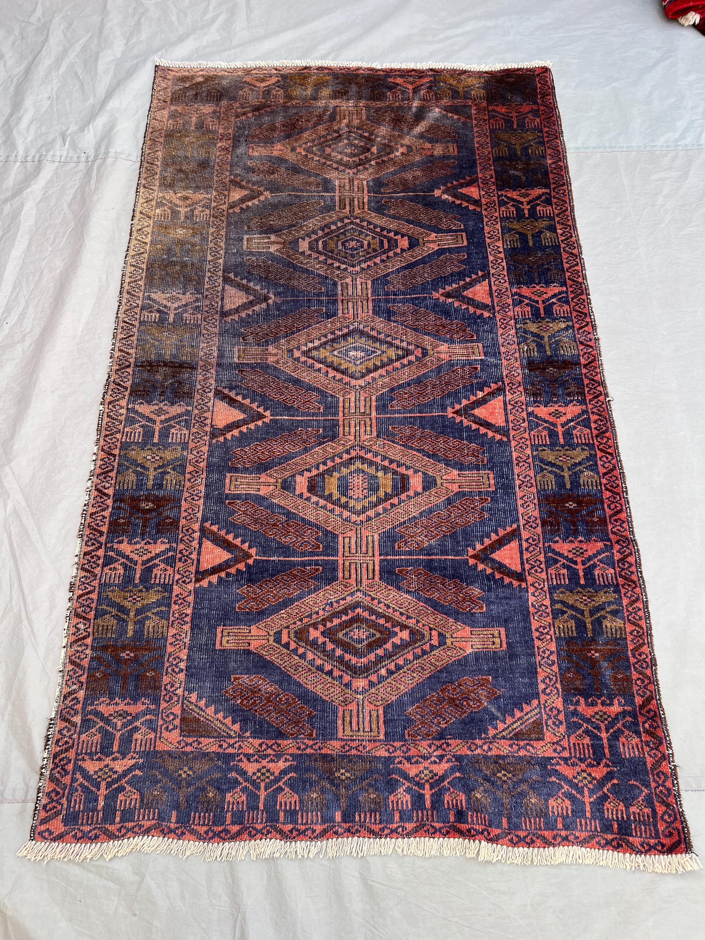 3'6x6'1 ft Antique Afghan Rug – Geometric Tribal Design, Blue & Red, Vintage Handmade Rug, Boho Home Decor, Cozy Living Room Accent