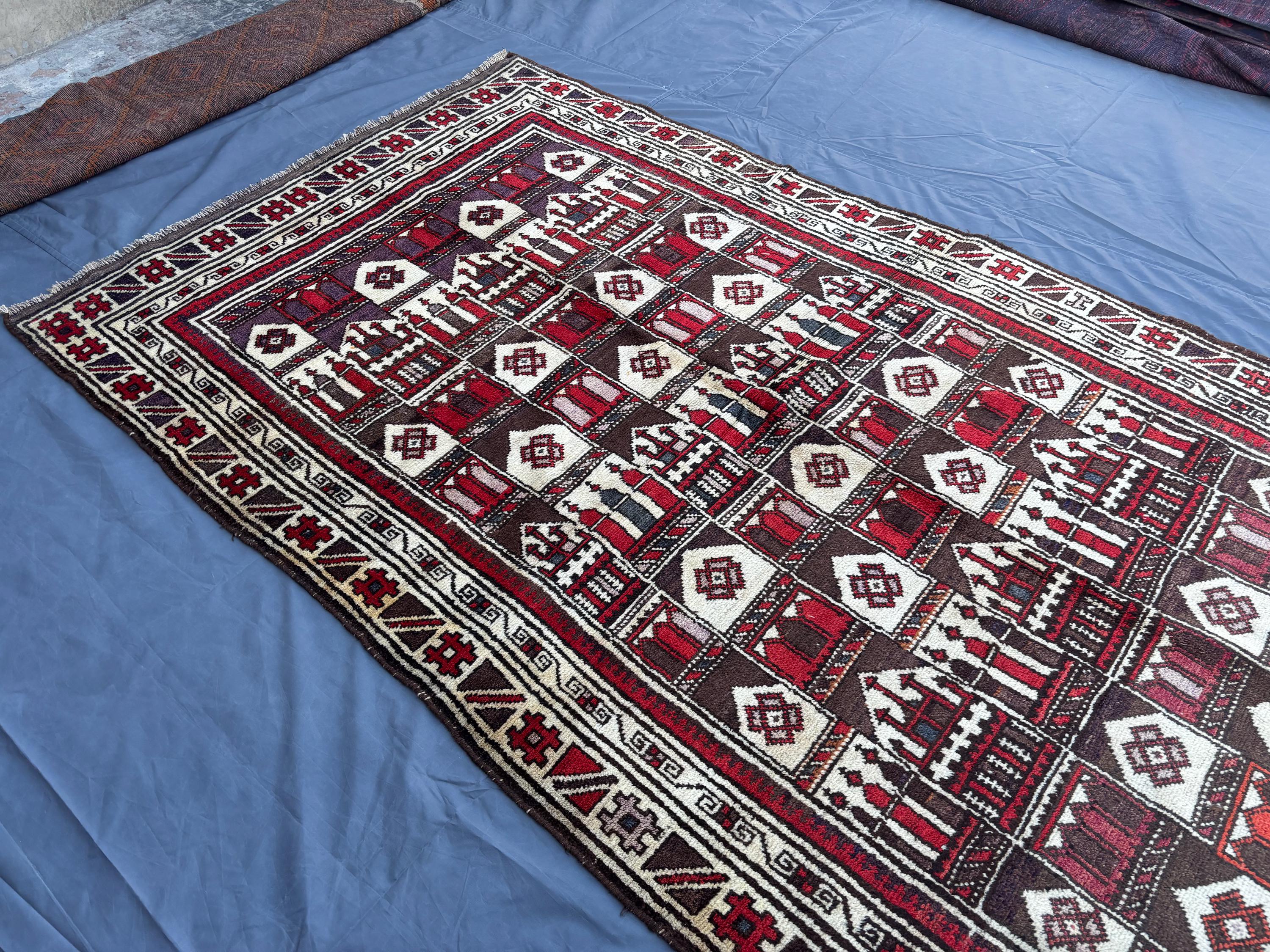 5x9 Vintage Afghan Rug | Hand-Knotted Gabbeh Style Rug | Red Cream Geometric Tribal Rug | Pattern Soft Wool Or