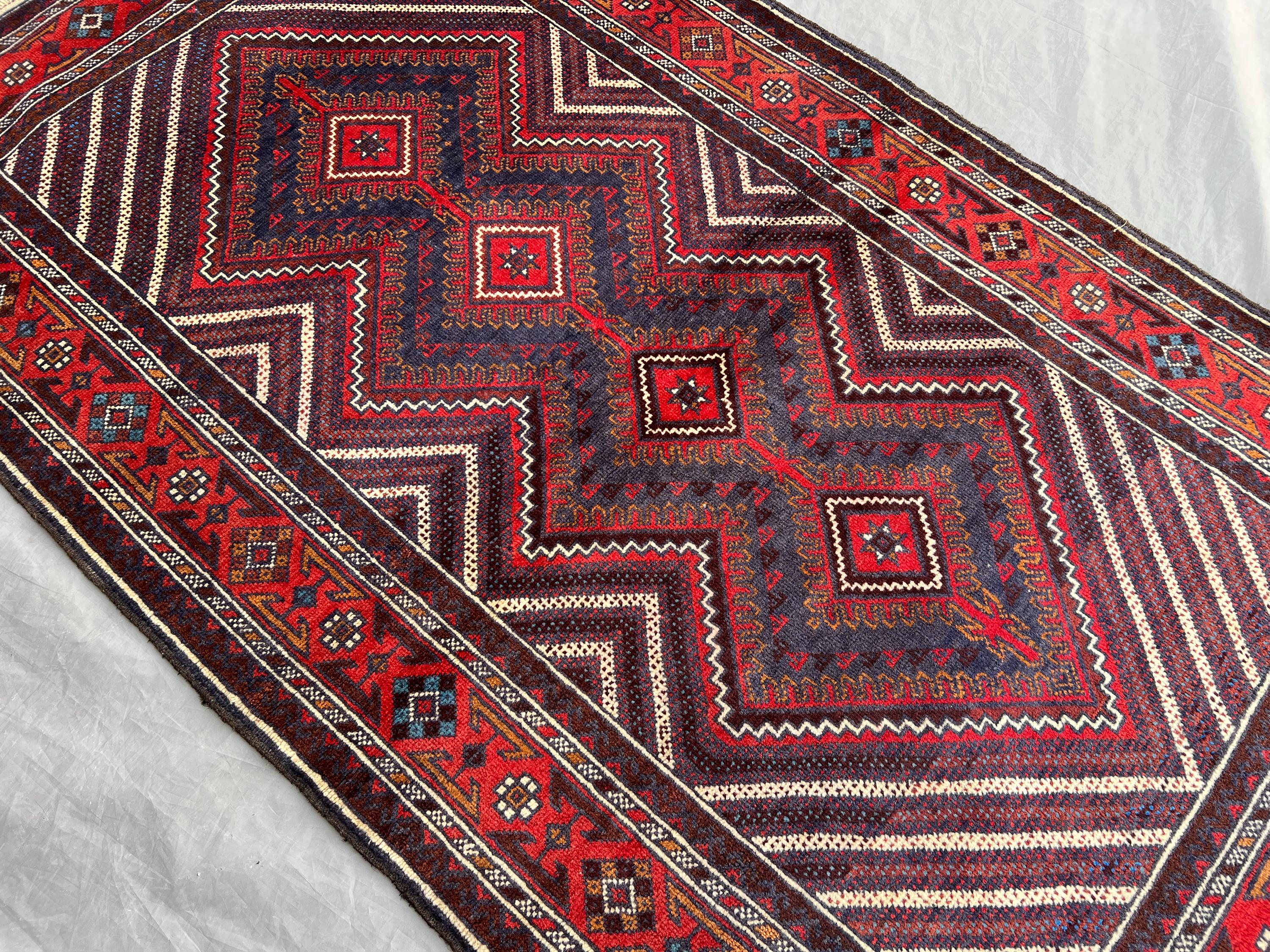 2.11x5.1 ft Afghan Baluchi Rug | Antique Hand Knotted Wool Carpet | Geometric Tribal Zigzag Design | Vintage Nomadic Accent Rug, Kids Rug