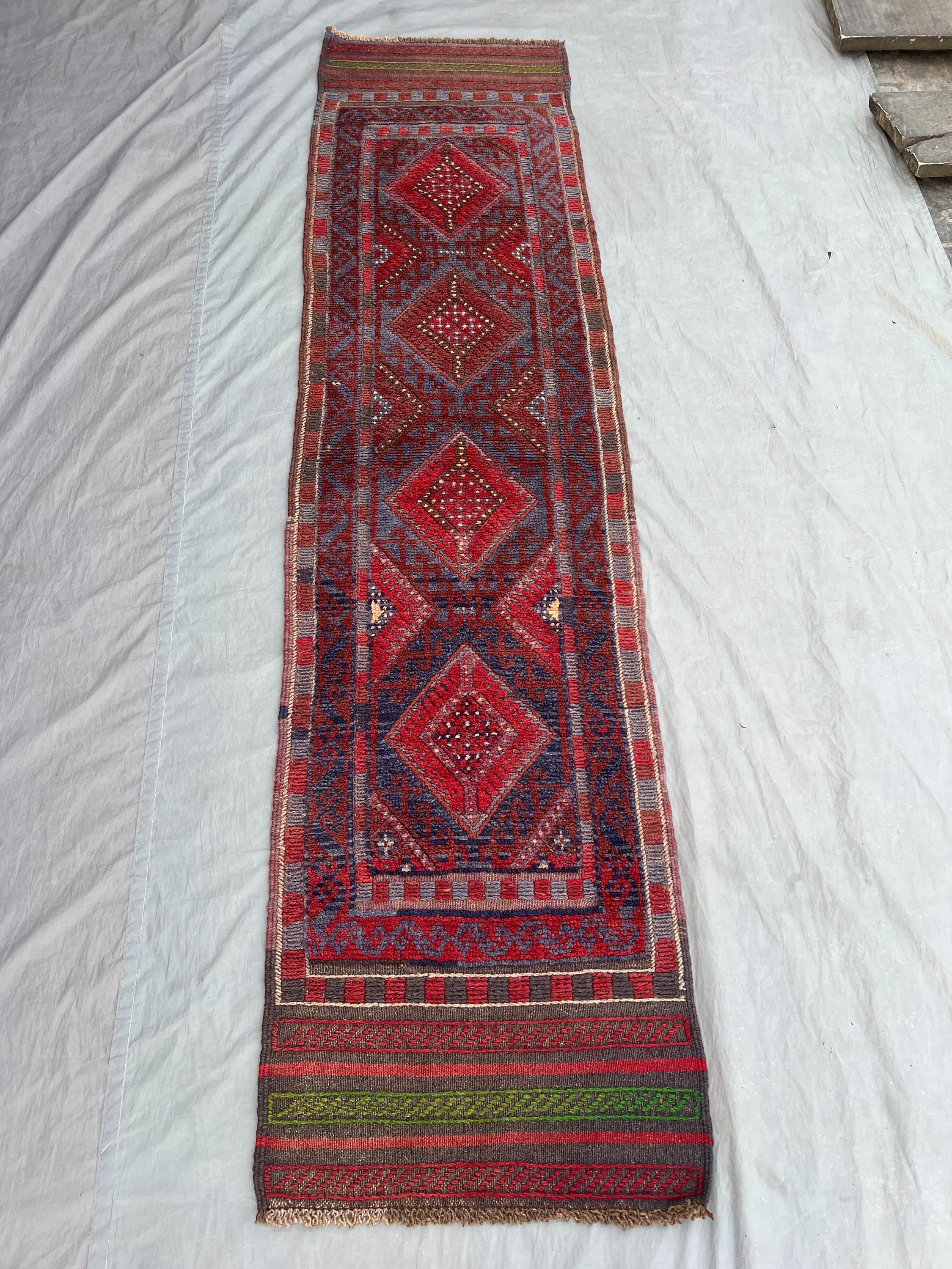 2x8 Afghan Baluch Runner Rug | Handwoven Mishwani Wool Carpet | Tribal Red Faded Design | Narrow Hallway Rug, Kitchen Decor, Entryway Rug