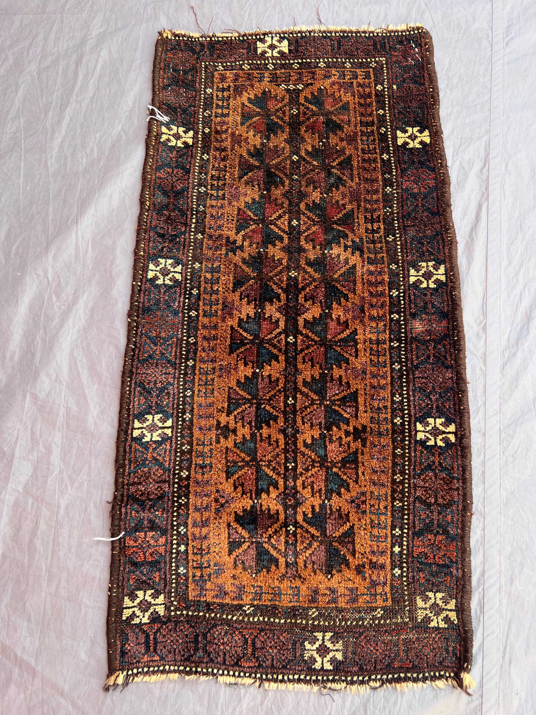 Terracotta 1'4" x 2'10" Vintage Afghan Baluchi Hand-Knotted Rug, Geometric Tribal Design, Soft Pile for Prayer