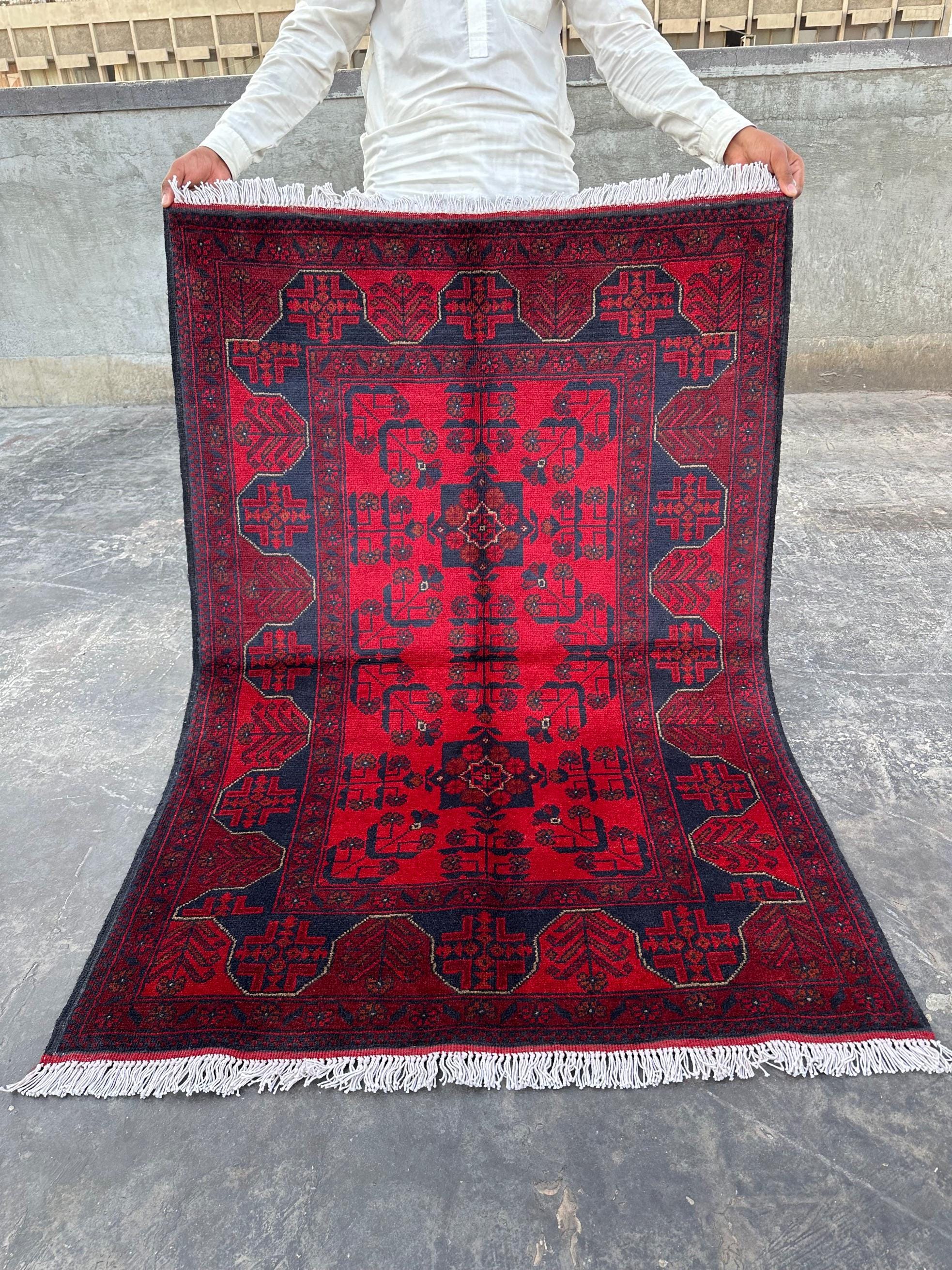Afghan Hand-Knotted Khal Mohammadi Rug 3'5" x 5'0" | New Traditional Wool Carpet | Red Bukhara Geometric Triba