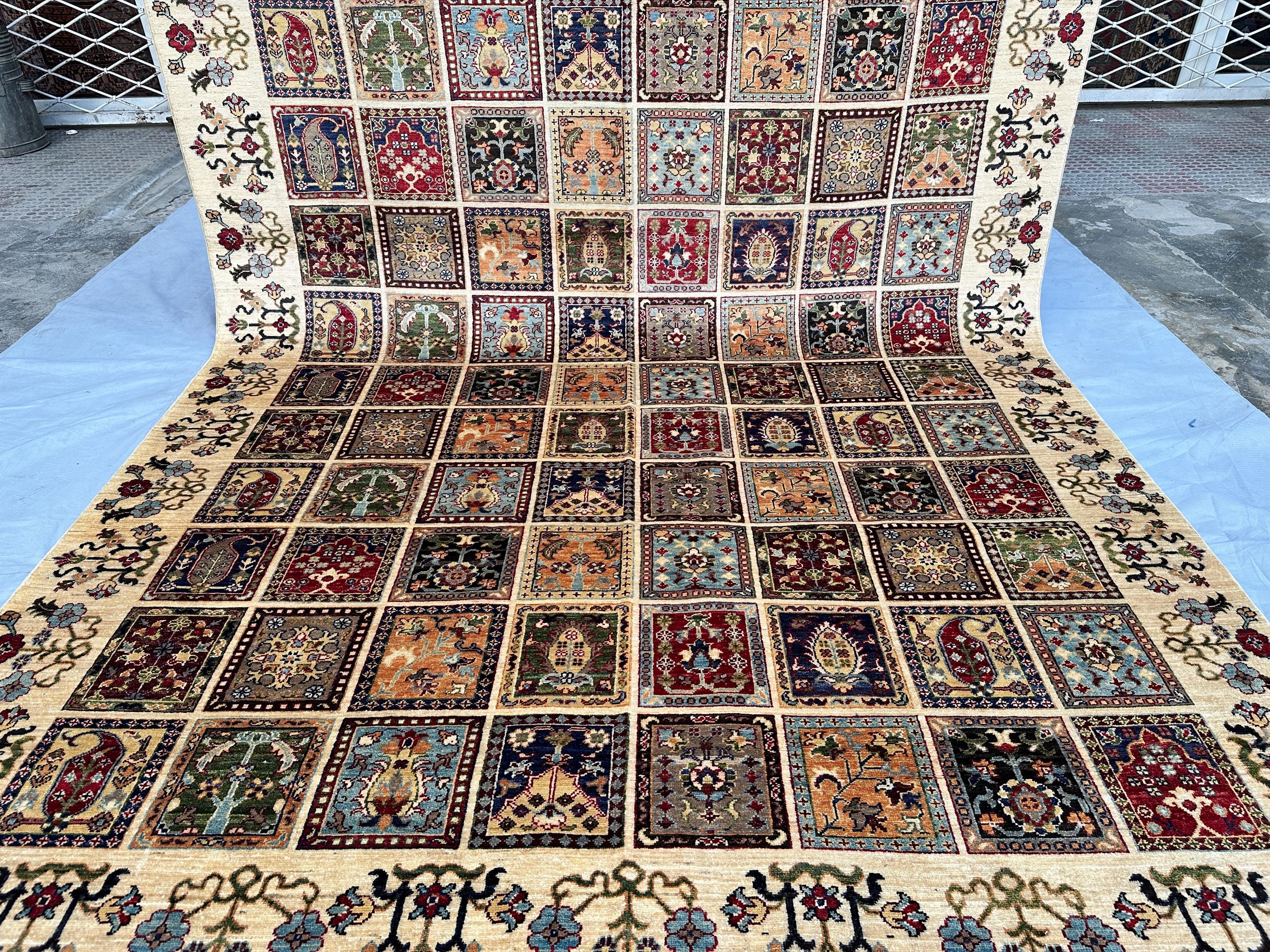 8x11, Afghan Garden Panel Rug Hand-Knotted Wool Carpet, Multicolor Box Compartment Design, Large Living Room Rug