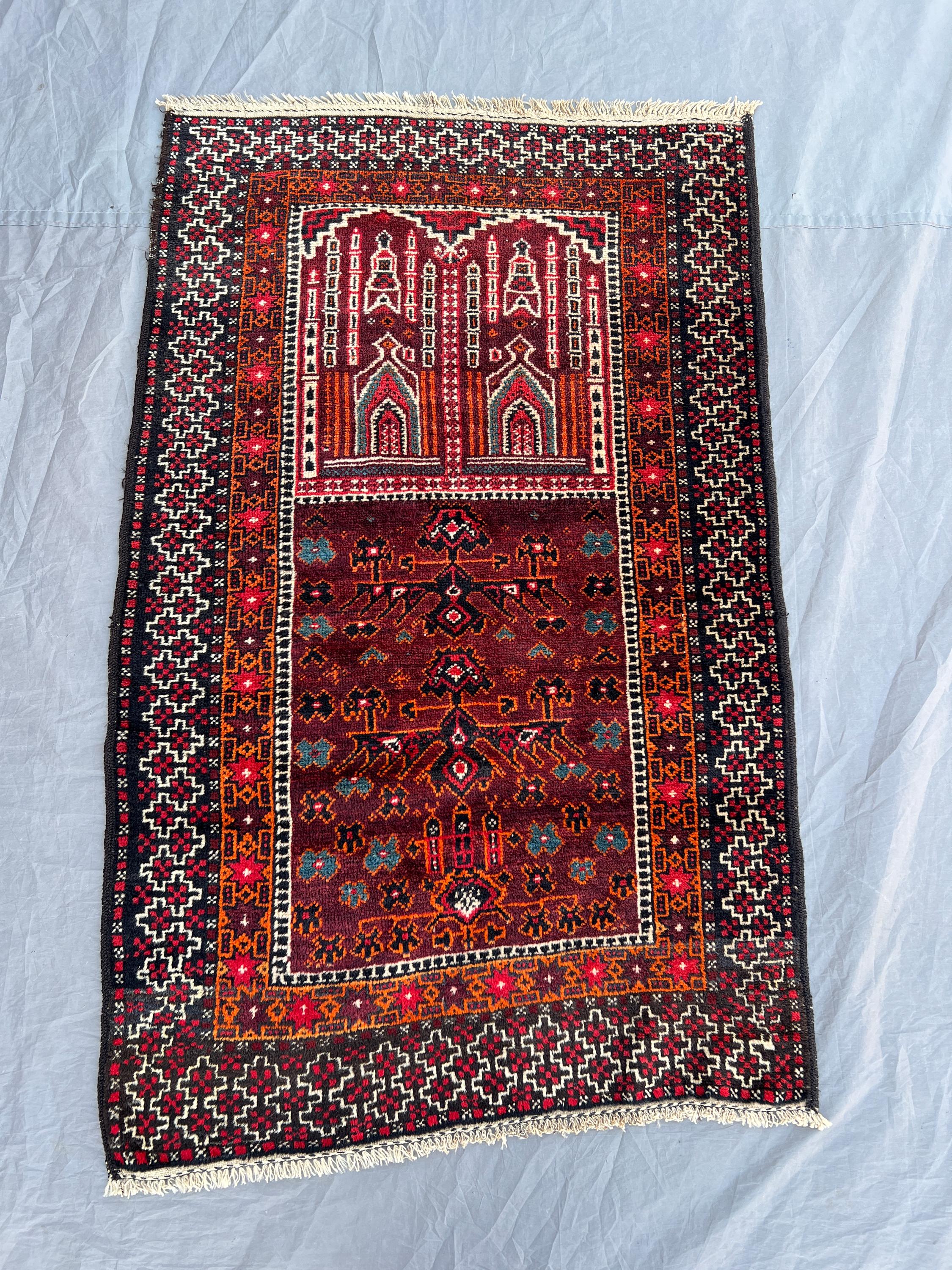 2'9x4'2 Vintage Afghan Hand Knotted Wool Prayer Rug Dark Red Orange Mosque Arch Mihrab Tribal Geometric Boho Bedroom Wall Hanging Carpet
