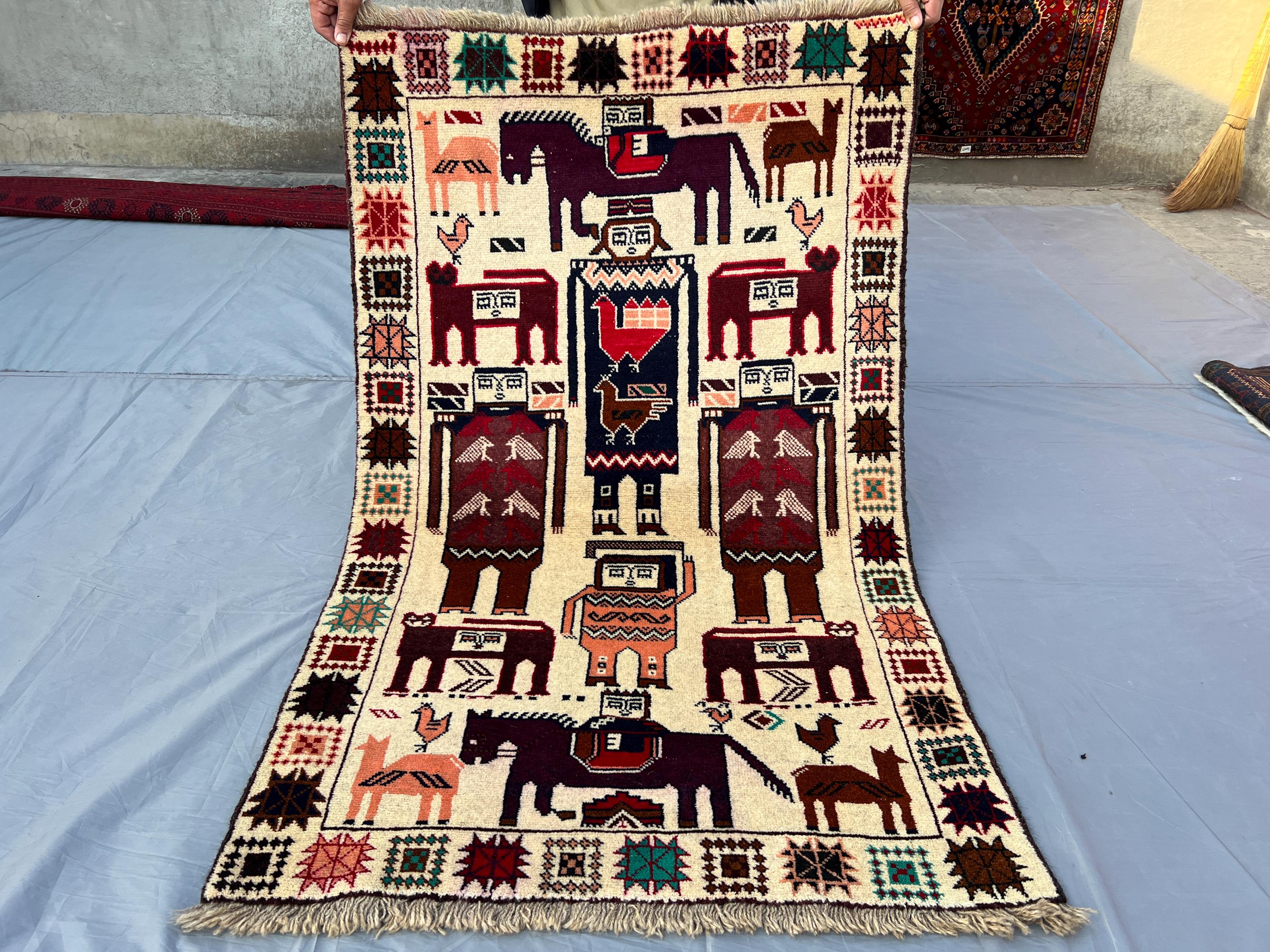 Vintage 3x5 Afghan Baluch Pictorial Rug – Hand-Knotted Wall Hanging Wool Carpet – Unique Human and Animal Design Tribal Rug, Moroccan Rug