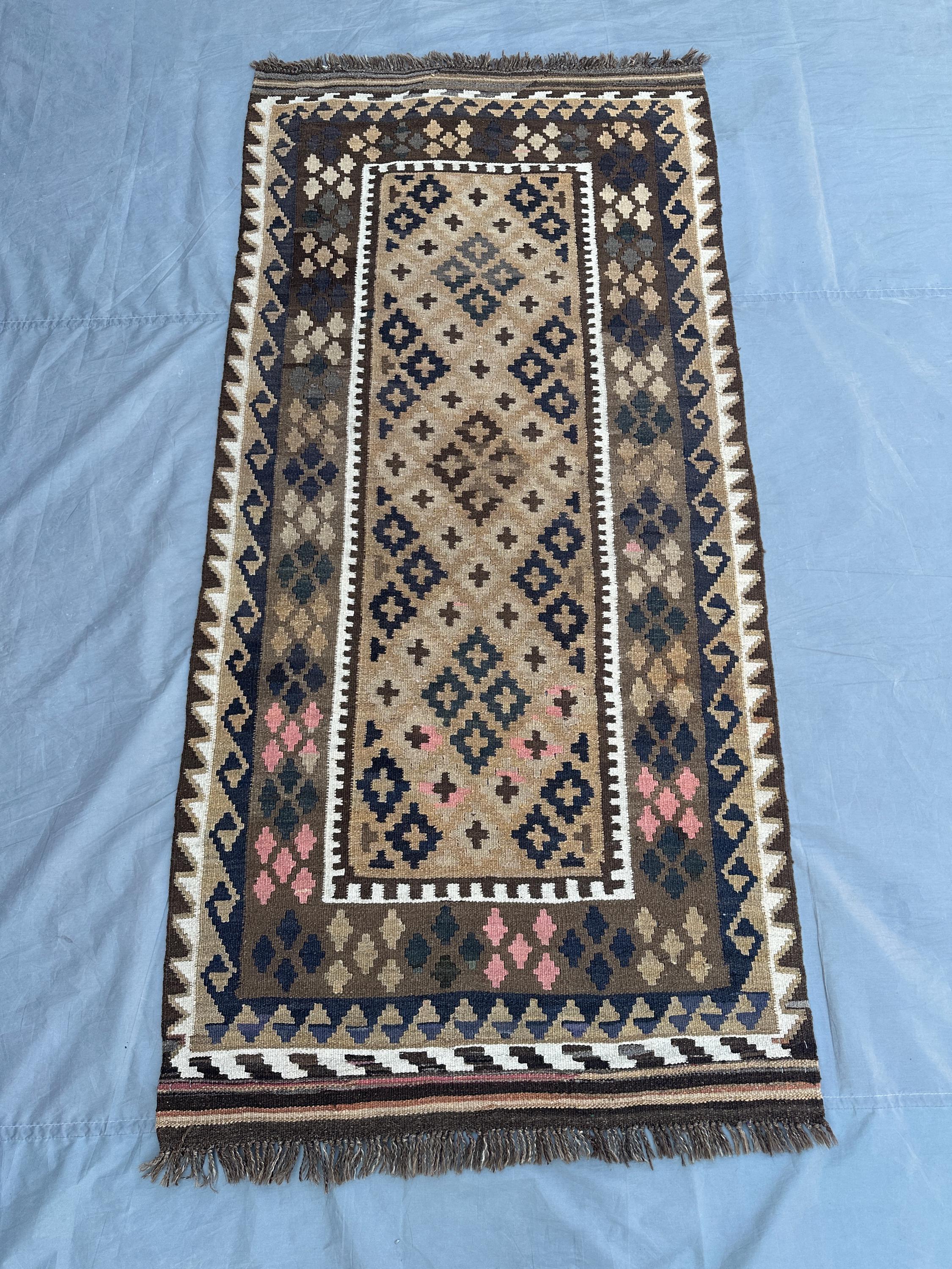 Handwoven Afghan Kilim Rug, Vintage Flatweave Wool Rug, Tribal Geometric Boho Carpet, Ethnic Nomadic Home Decor, Runner, 4x7 Terracotta Rug