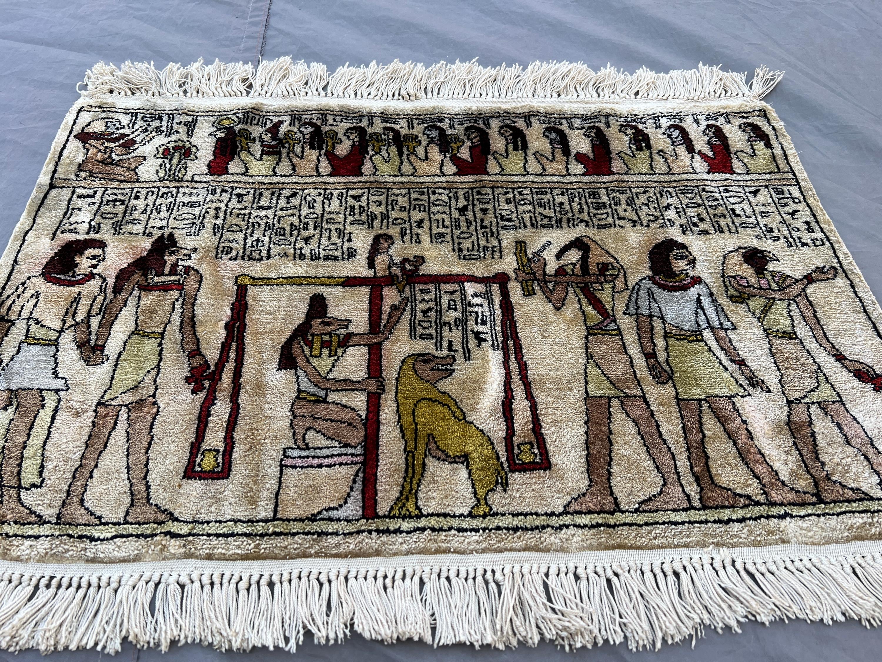 1'6x2'3 Ft Vintage Afghan Egyptian Scene Rug Handwoven Wool Pile Figural Hieroglyphic Pharaoh Ivory Beige Red Wall Hanging | Collectible Art
