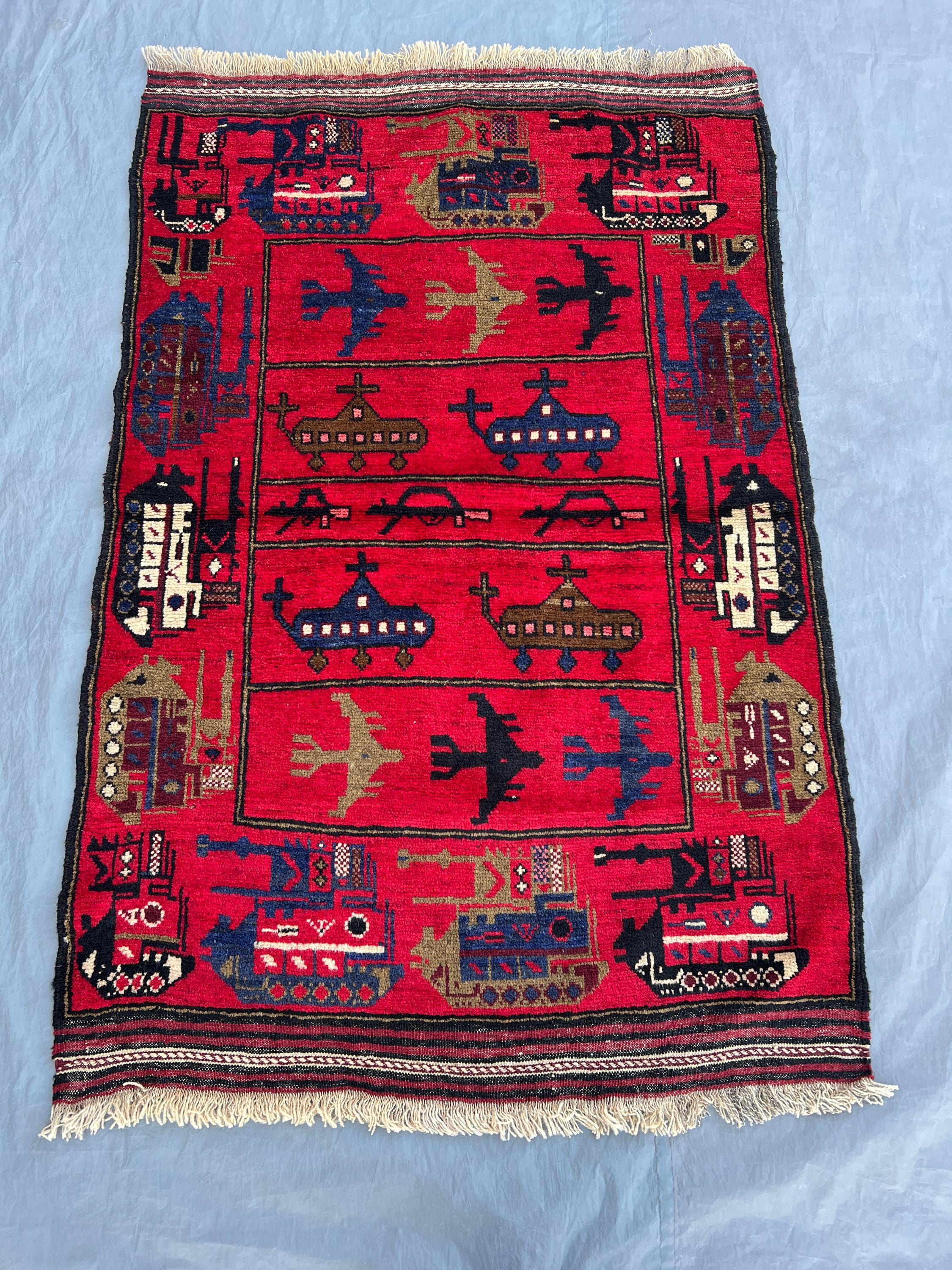 Red 3'1x4'10 ft Vintage Afghan Kilim Flatweave Pictorial War Rug, Helicopter & Tank Design, Unique Accent Rug