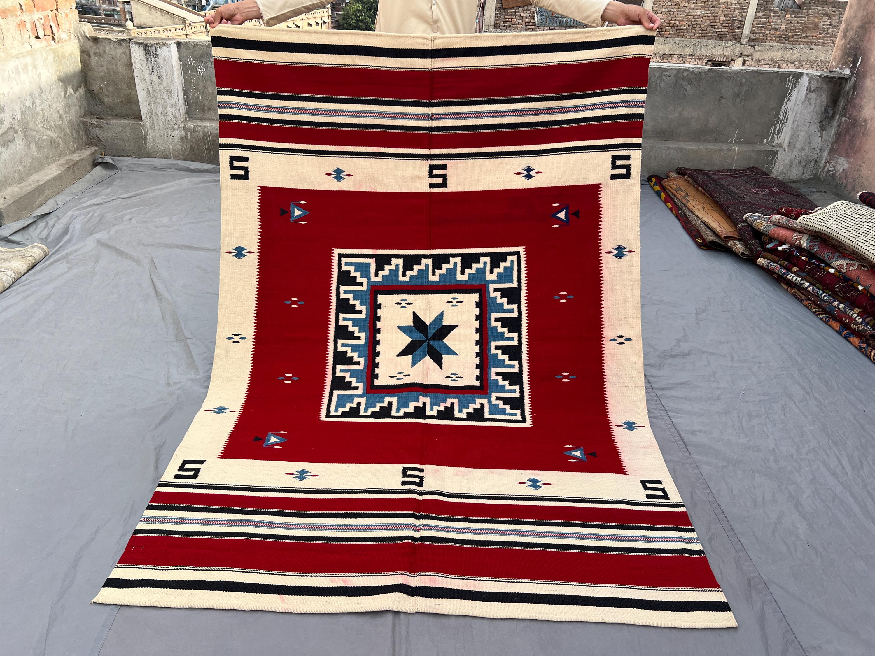 4'7 x 6'8 ft Vintage Moroccan Flat Weave Kilim Rug, Handwoven Geometric Red Blue Ivory Carpet, Tribal Boho Woo
