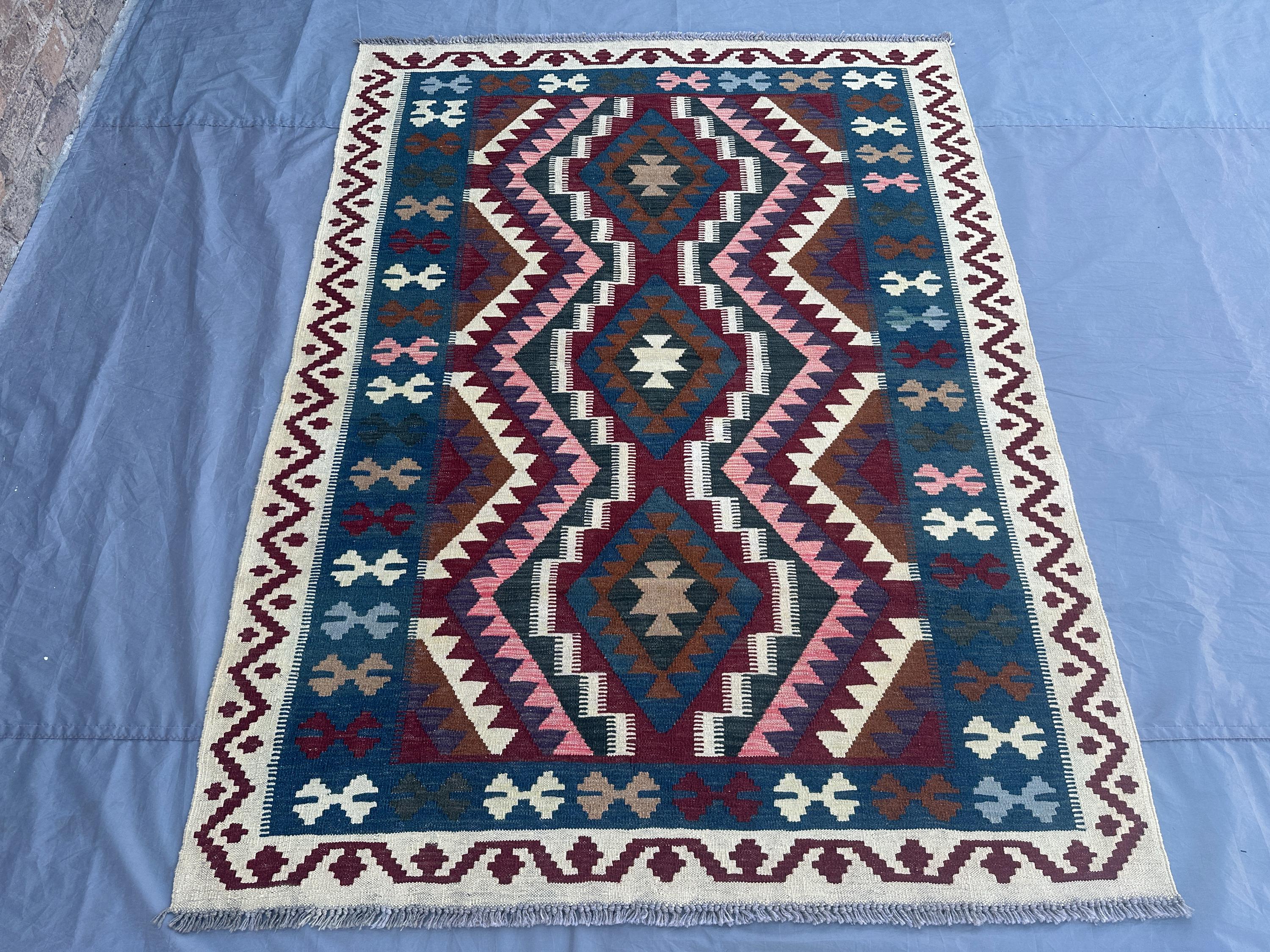 5x7 Afghan Kilim Rug | Handmade Wool Flat Weave Carpet | Geometric Tribal Design | Pink Blue Burgundy Ivory |