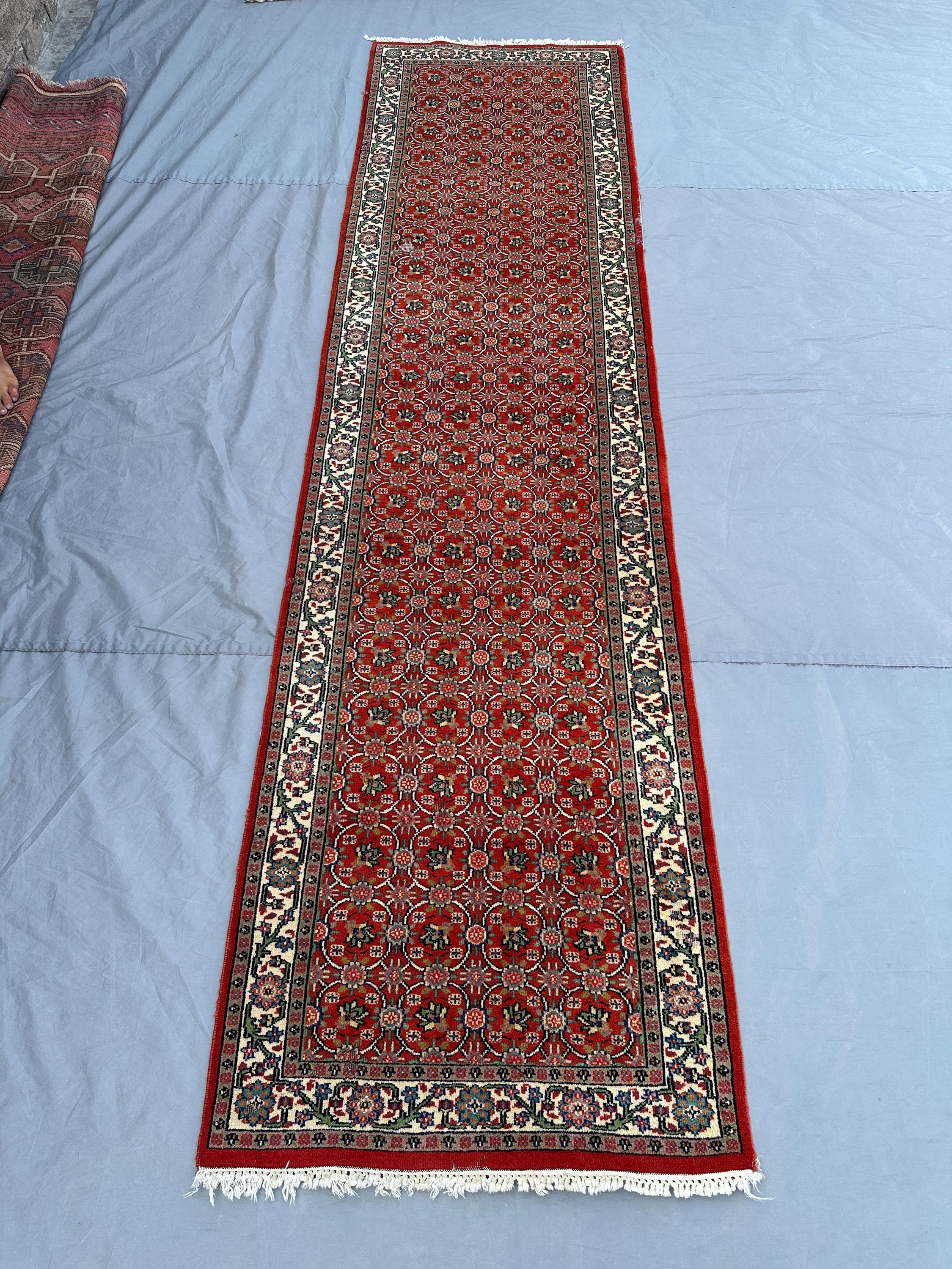 3x10 ft Vintage Afghan Hand Knotted Runner Turkish Inspired Caucasian Floral Design, Oriental Wool One of a Kind Long Rug | home boho decor