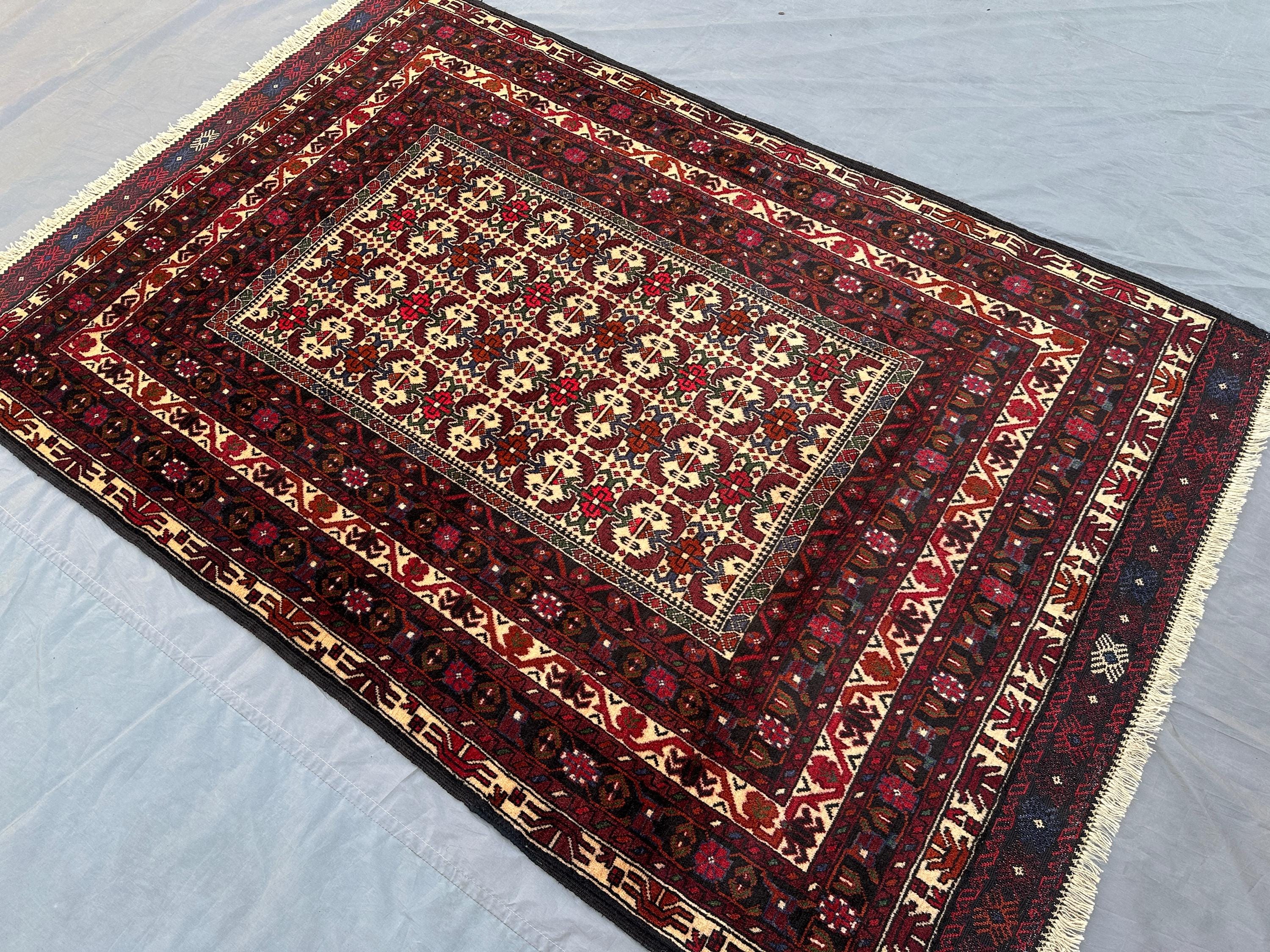5x7 Vintage Turkmen Handmade Rug, Tribal Baluchi Area Rug | Geometric Wool Rug for Bedroom, Bohemein Home Deco