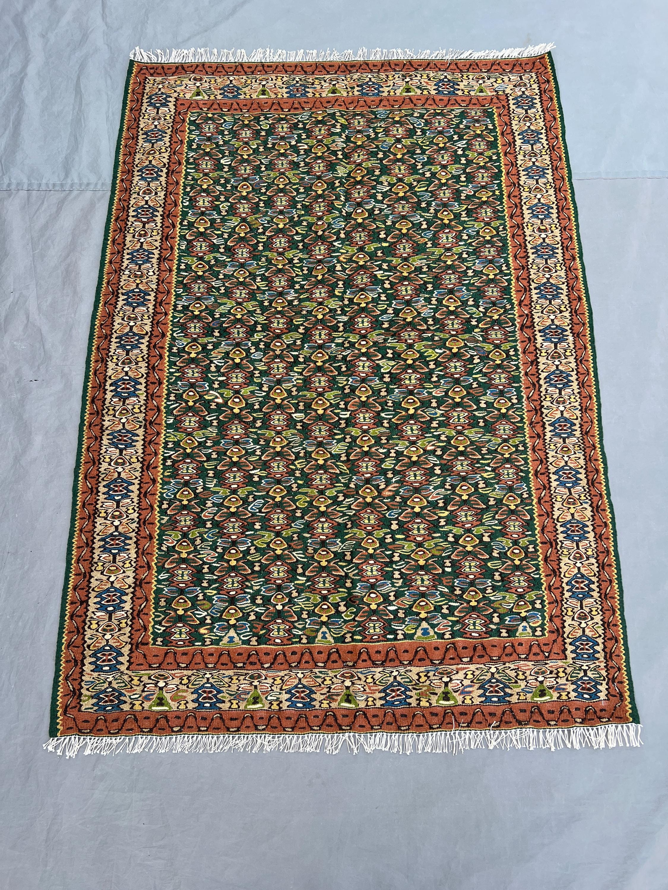 3'5x5 Ft Vintage Afghan Kilim Handwoven Wool Flatweave All-Over Boteh Teardrop Forest Green Terracotta Multicolor Accent Rug | Living Room