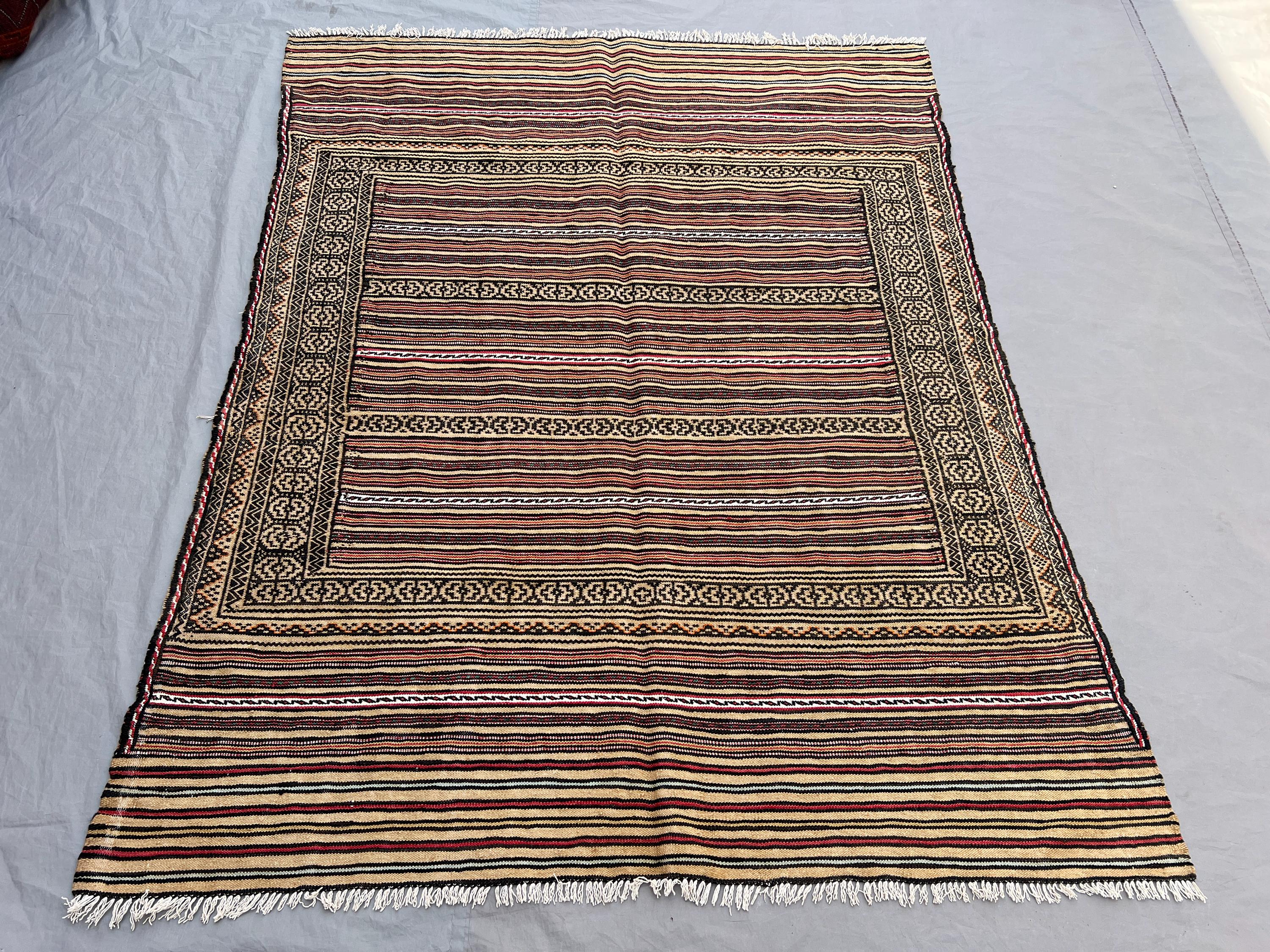 4'8x6 ft Vintage Afghan Hand-Knotted Kilim – Striped Design with Geometric Border, Handmade, Boho Home Decor, Cozy Living Room or Hallway
