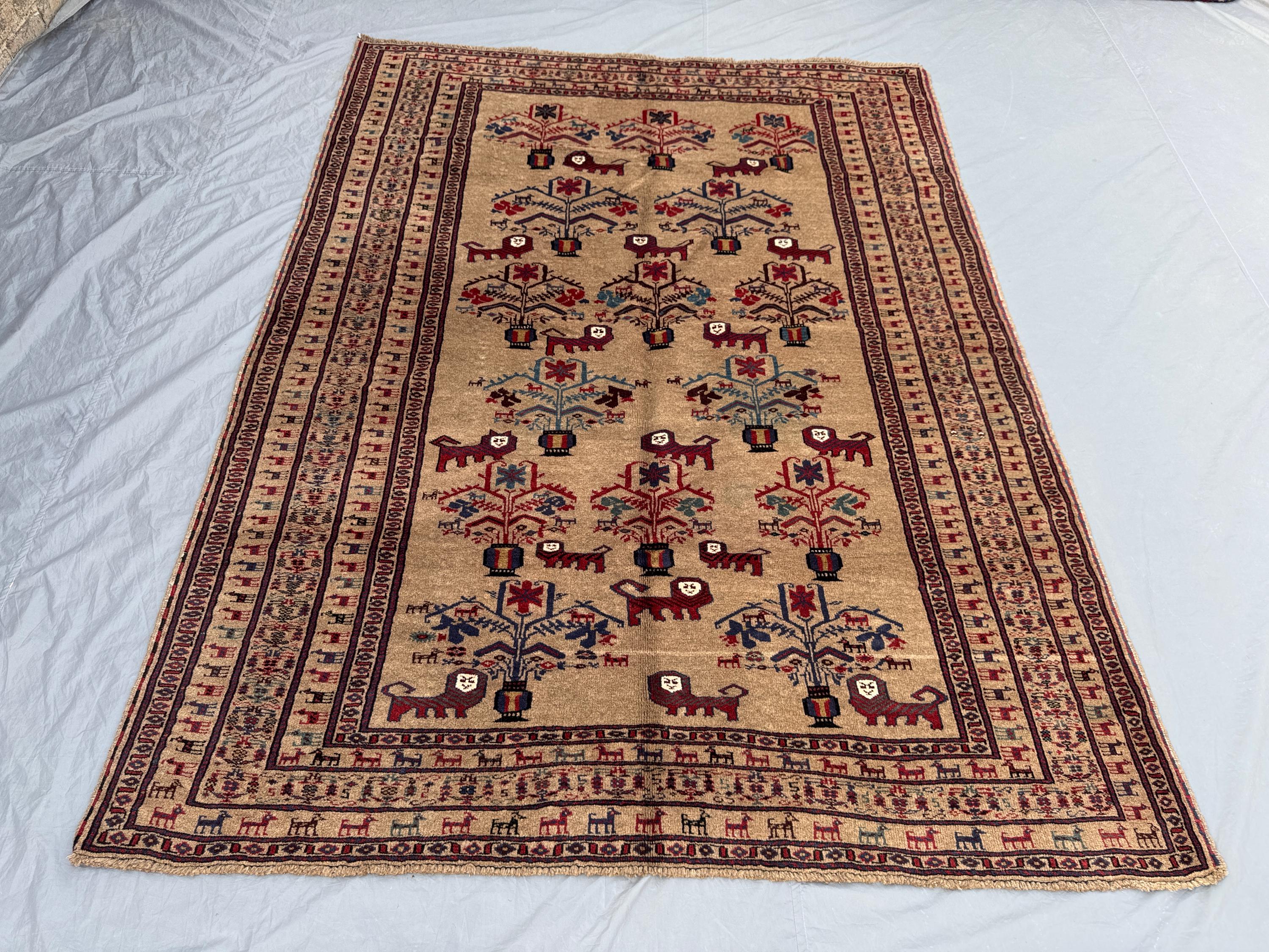 6 x 9 ft Afghan hand knotted vintage soft pile one of a kind pictorial animal print rug balochi design