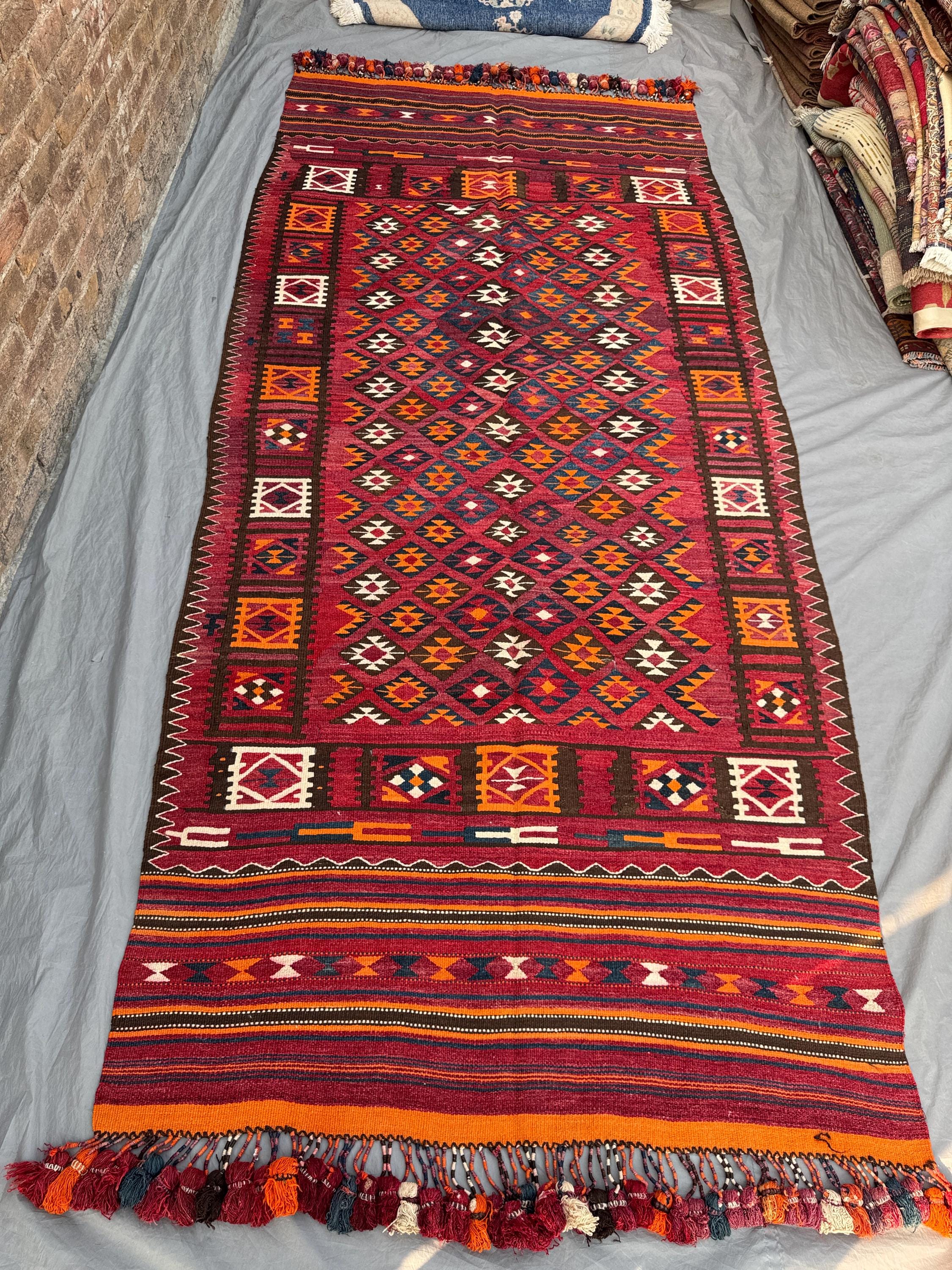5 x 11 ft Vintage Afghan Maimana Kilim | Handwoven Reversible Flatweave | Bold Magenta & Orange | One-of-a-Kind Large Boho Rug