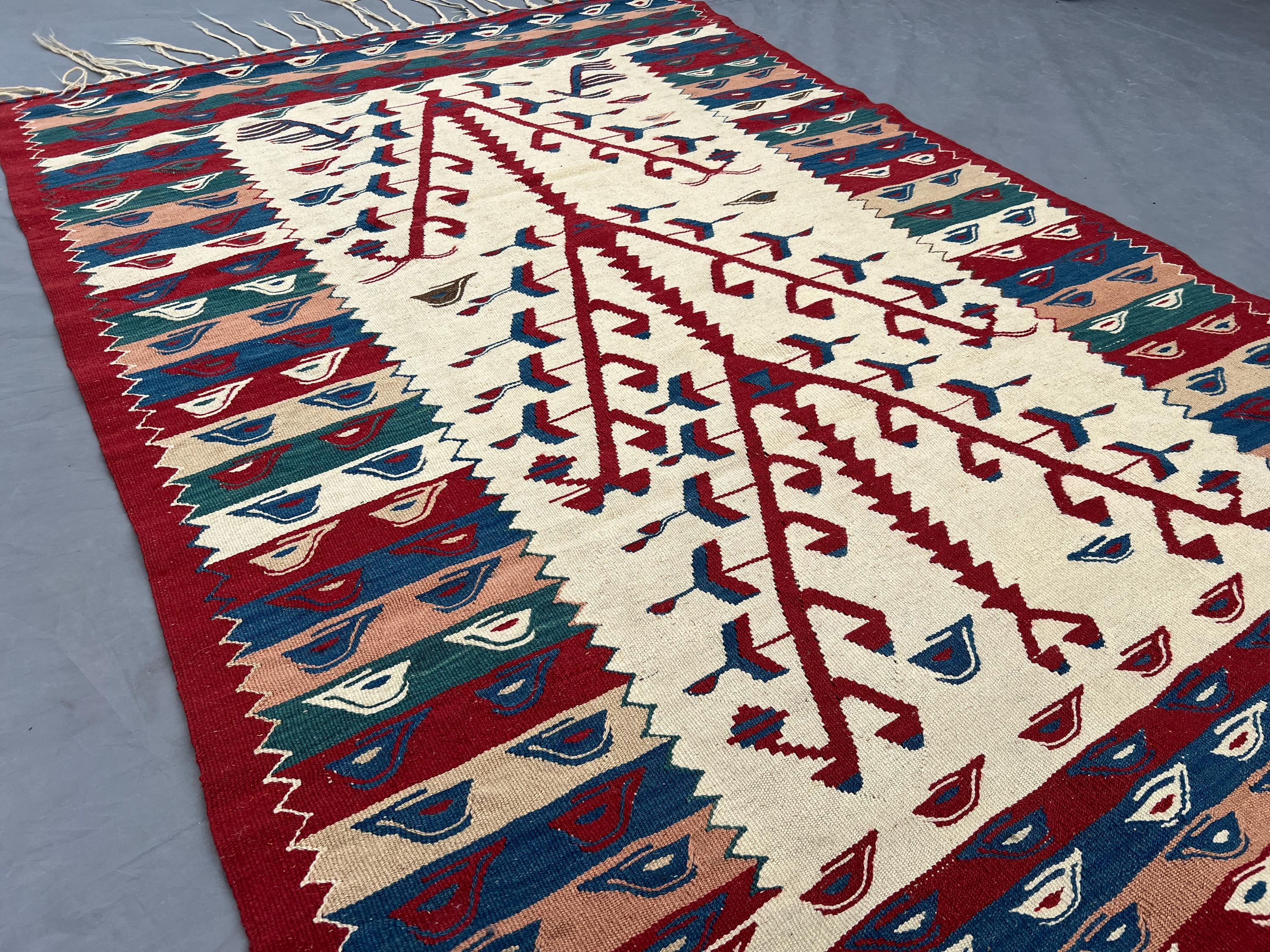 3'9x5'5 ft Vintage Turkish Tribal Rug | Handmade Flatweave Kilim Carpet | Boho Ethnic Wool Rug | Geometric Fol