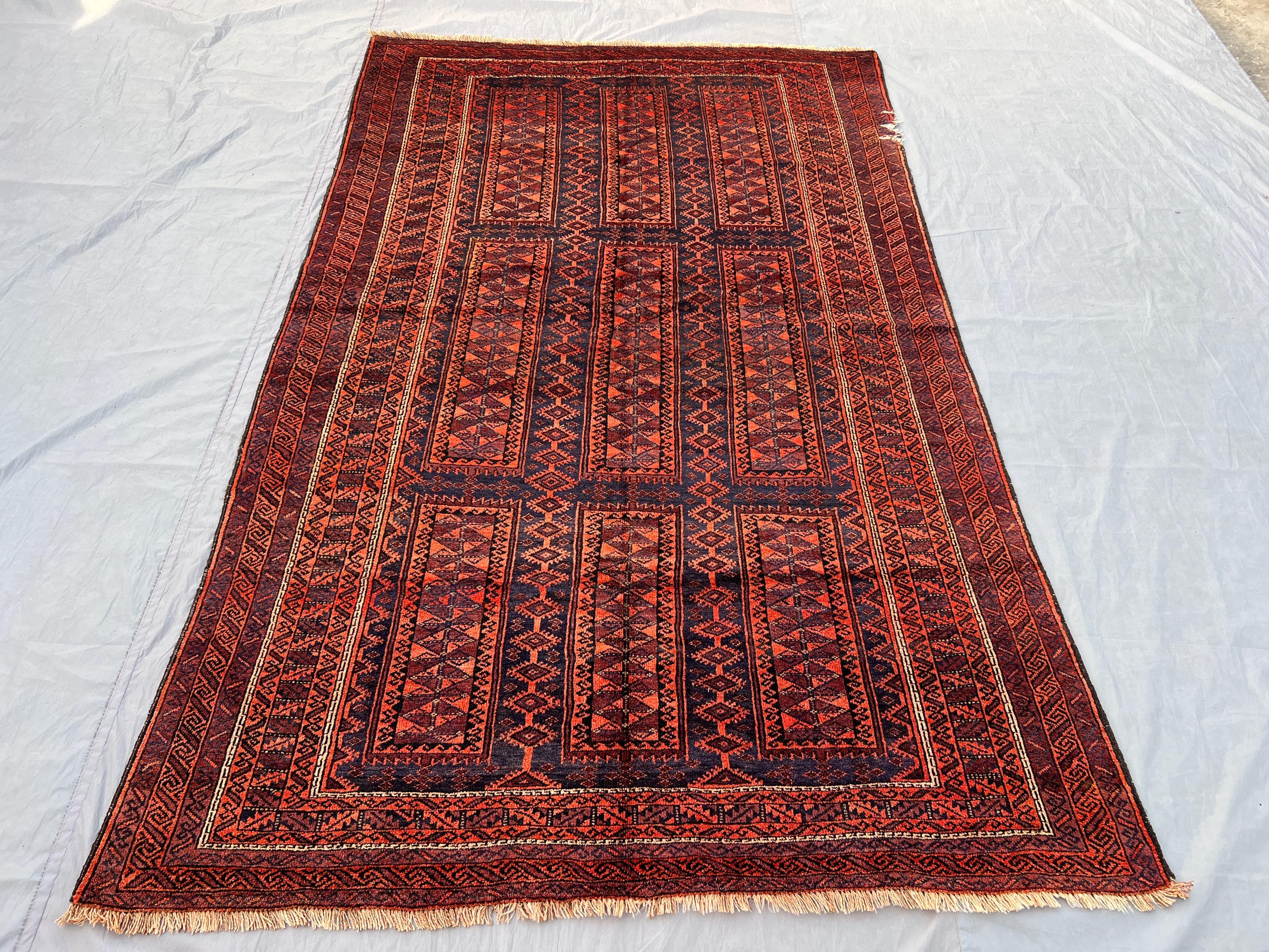 6x9 Afghan Baluch Tribal Rug | Hand-Knotted Wool Carpet | Turkmen Geometric Pattern | Vintage Oriental Rug, Living Room Rug, Home Decor