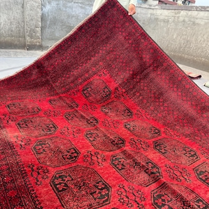 6.9x9 ft Antique Low Pile Distressed Afghan Turkoman Hand Knotted Rug | Geometric Pattern | Rare One of a Kind Vintage Rug | Bedroom Rug