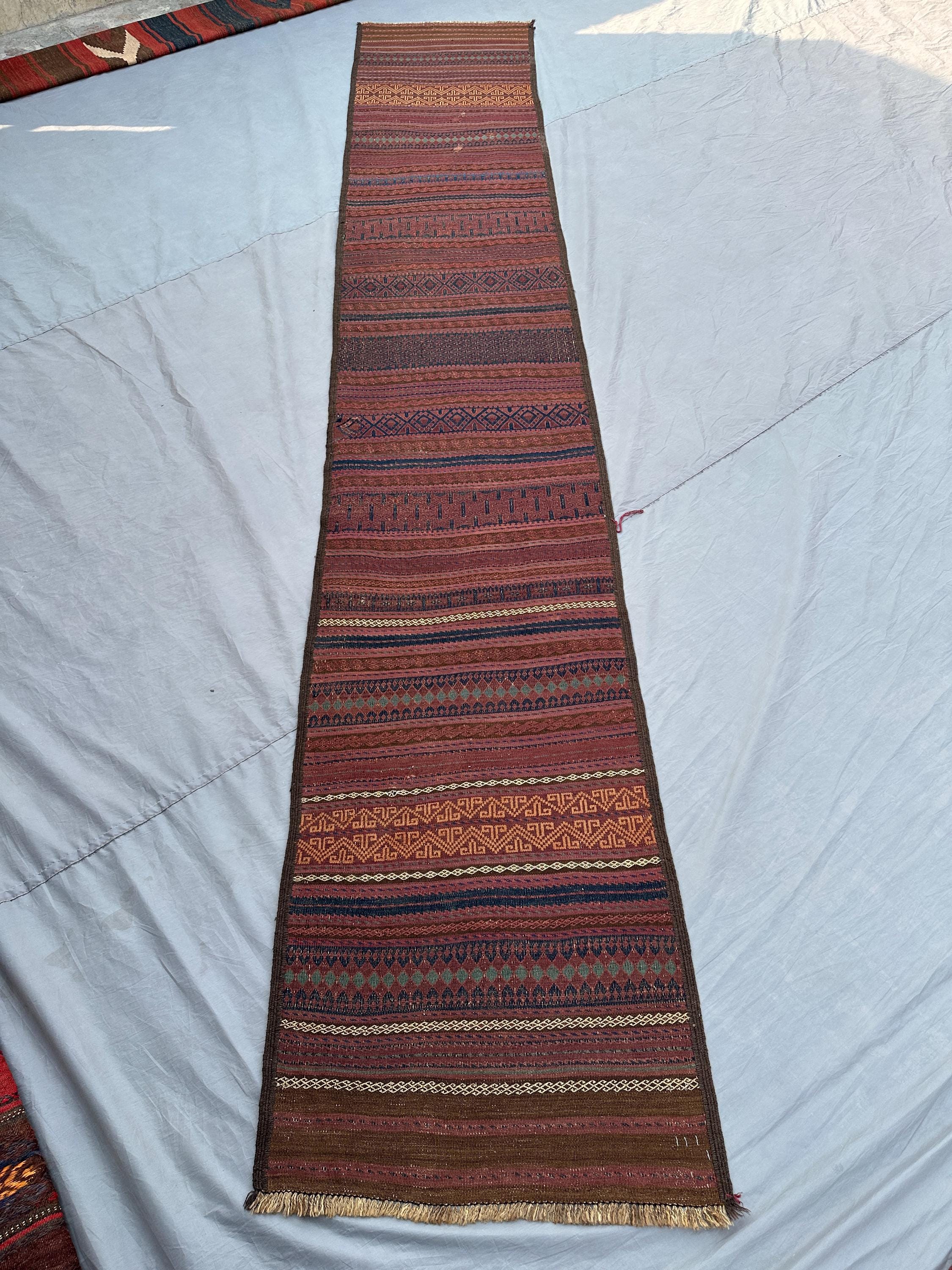 Afghan Kilim Runner Rug 2'2x12'5 ft | Handmade Wool Tribal Hallway Runner | Long Vintage Ethnic Flatweave | Bo