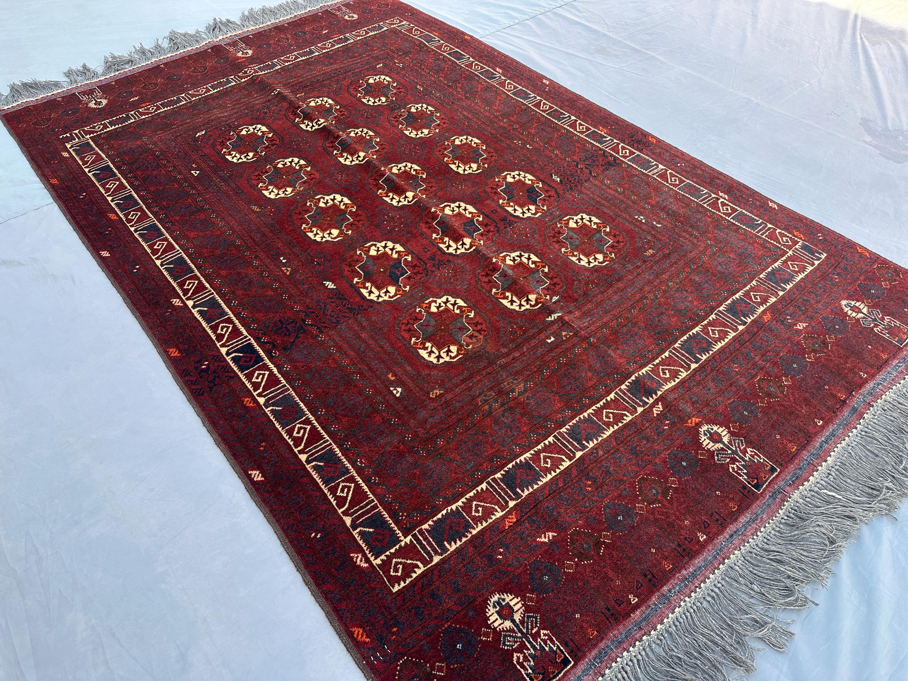 Turkmen Tekke Bokhara Rug – Afghan Hand-Knotted Wool Tribal Carpet, Vintage Red Geometric Area Rug, 4x7 ft Unique Living Room Décor, Turkish