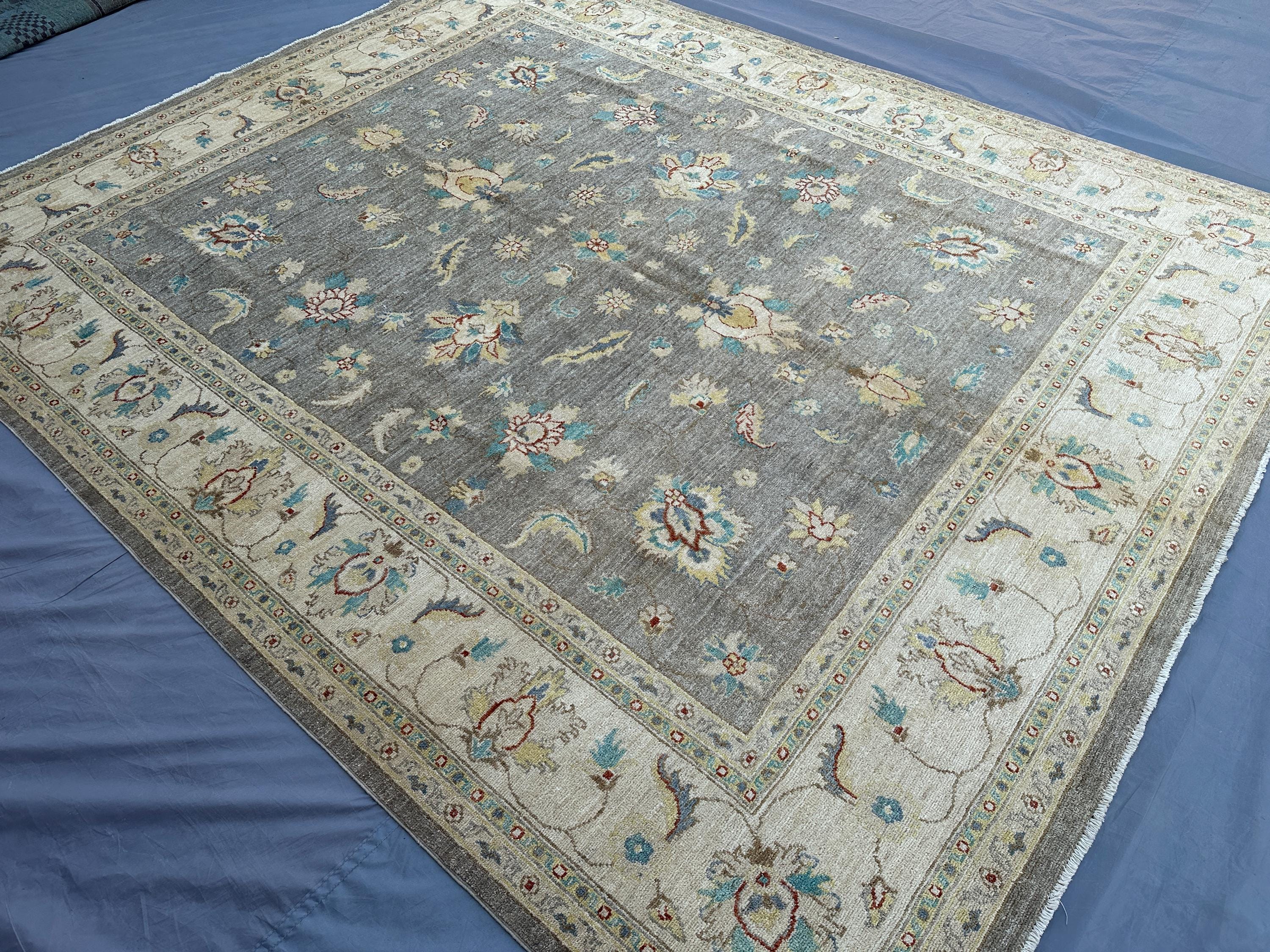 8x9'7 ft Afghan Hand Knotted Oushak Rug | Turkmen Tribal Wool Area Rug | Geometric Pattern Luxury Floor Carpet
