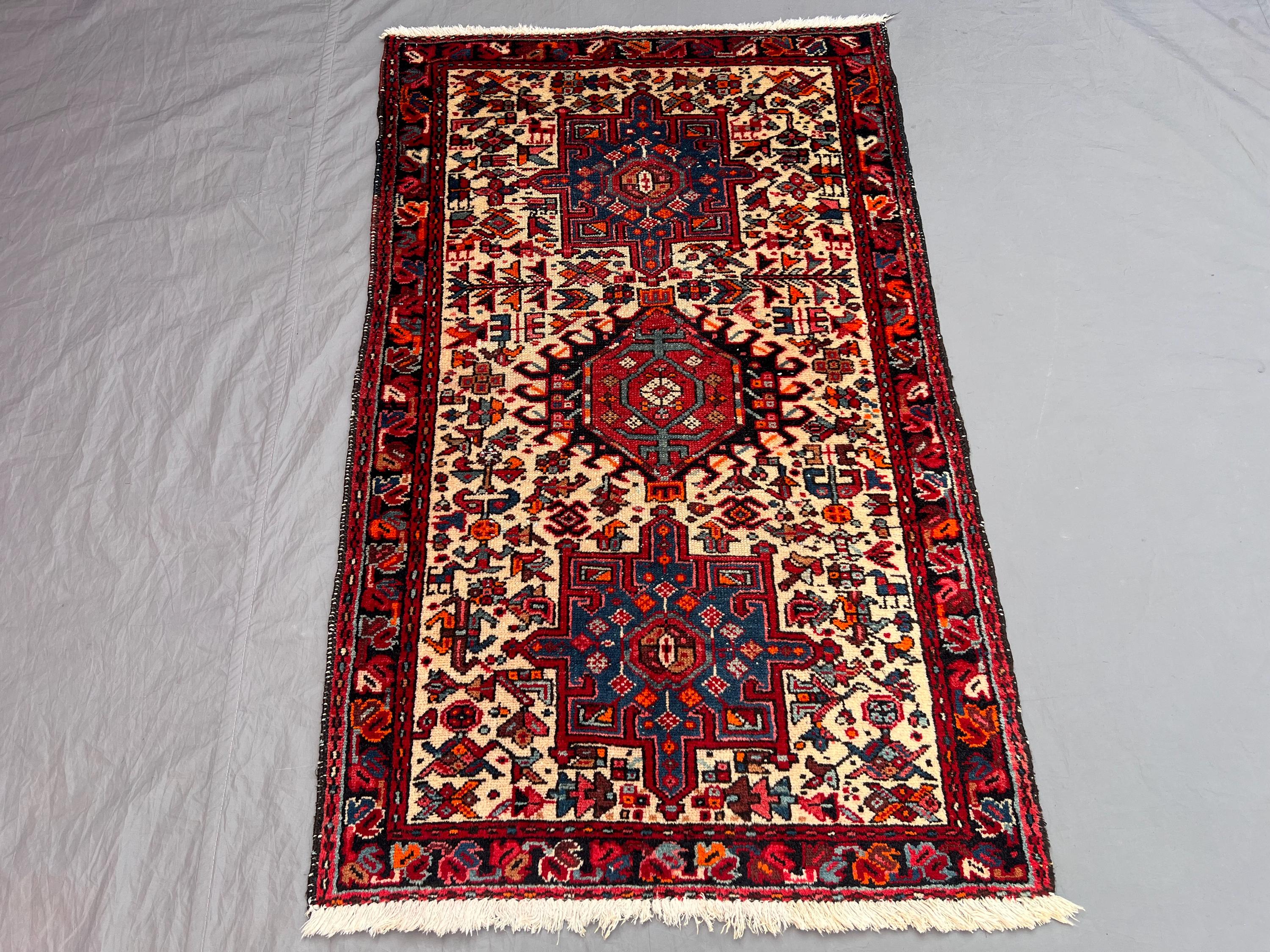 Vintage 2'7 x 4'2 ft Afghan Baluchi Hand-Knotted Rug, Geometric Design, Tribal Wool, Soft Pile, Traditional Ac