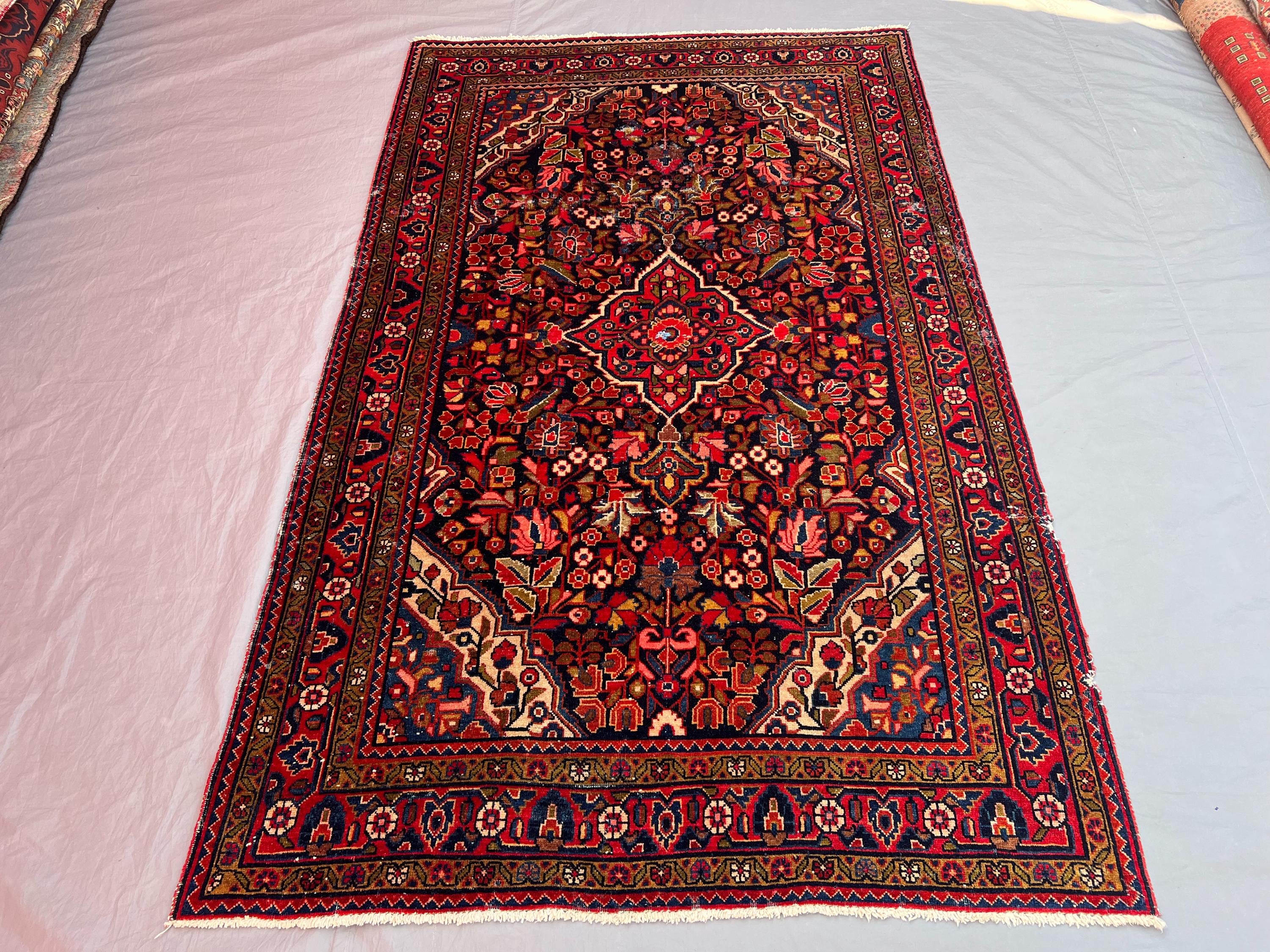 4'5x7'3 ft Vintage Afghan Hand-Knotted Rug, Soft Pile, Floral Goematric Design, Tribal Wool, Living Room, Bedr