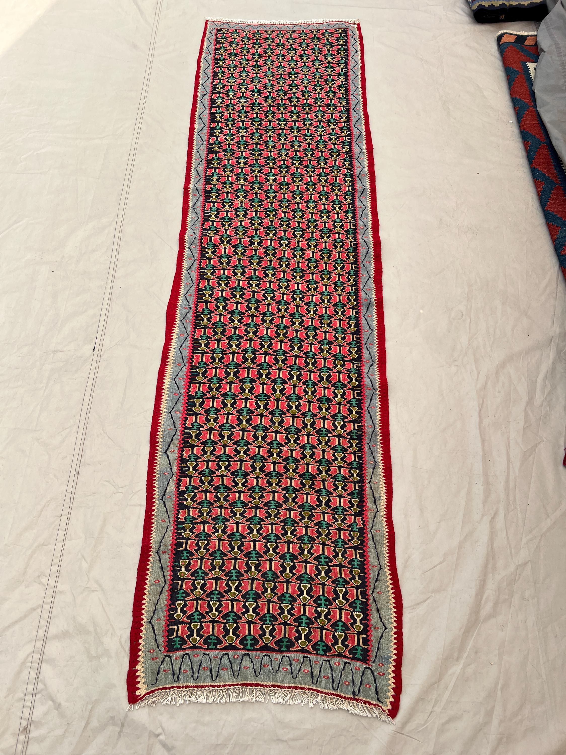 1'11x7'6 Ft Vintage Afghan Senneh Kilim Runner Flatweave | Black Pink All-Over Boteh | Handwoven Wool Rug for
