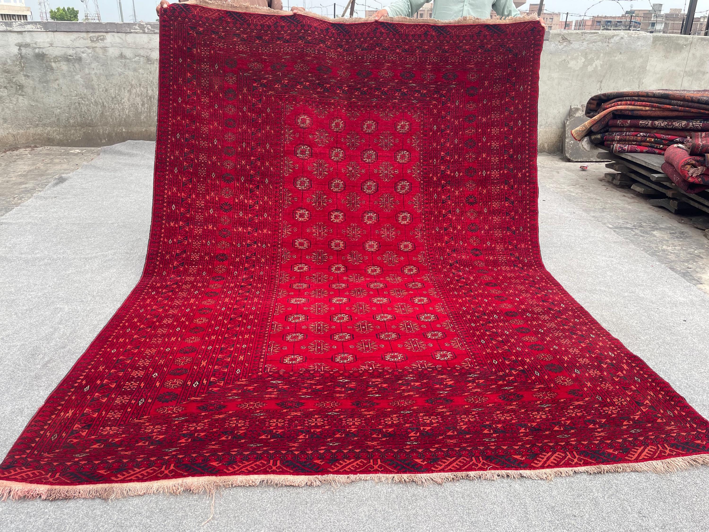 Antique Turkmen Bukhara Area Rug | 6'5 x 8'9 ft | Hand-Knotted Afghan Wool Carpet | Mowri Design | Living Room
