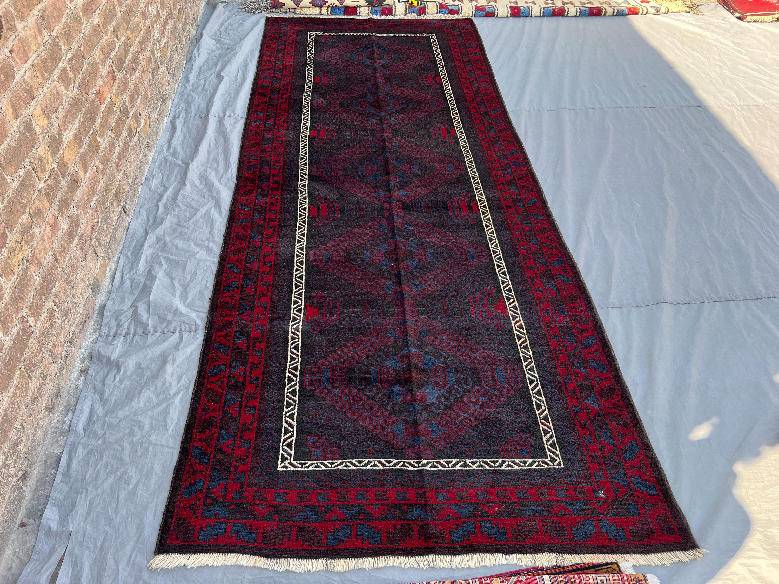 4'7x11'6 Vintage Afghan Hand Knotted Wool Runner Dark Navy Red All Over Geometric Diamond Tribal Hallway Staircase Living Room Carpet