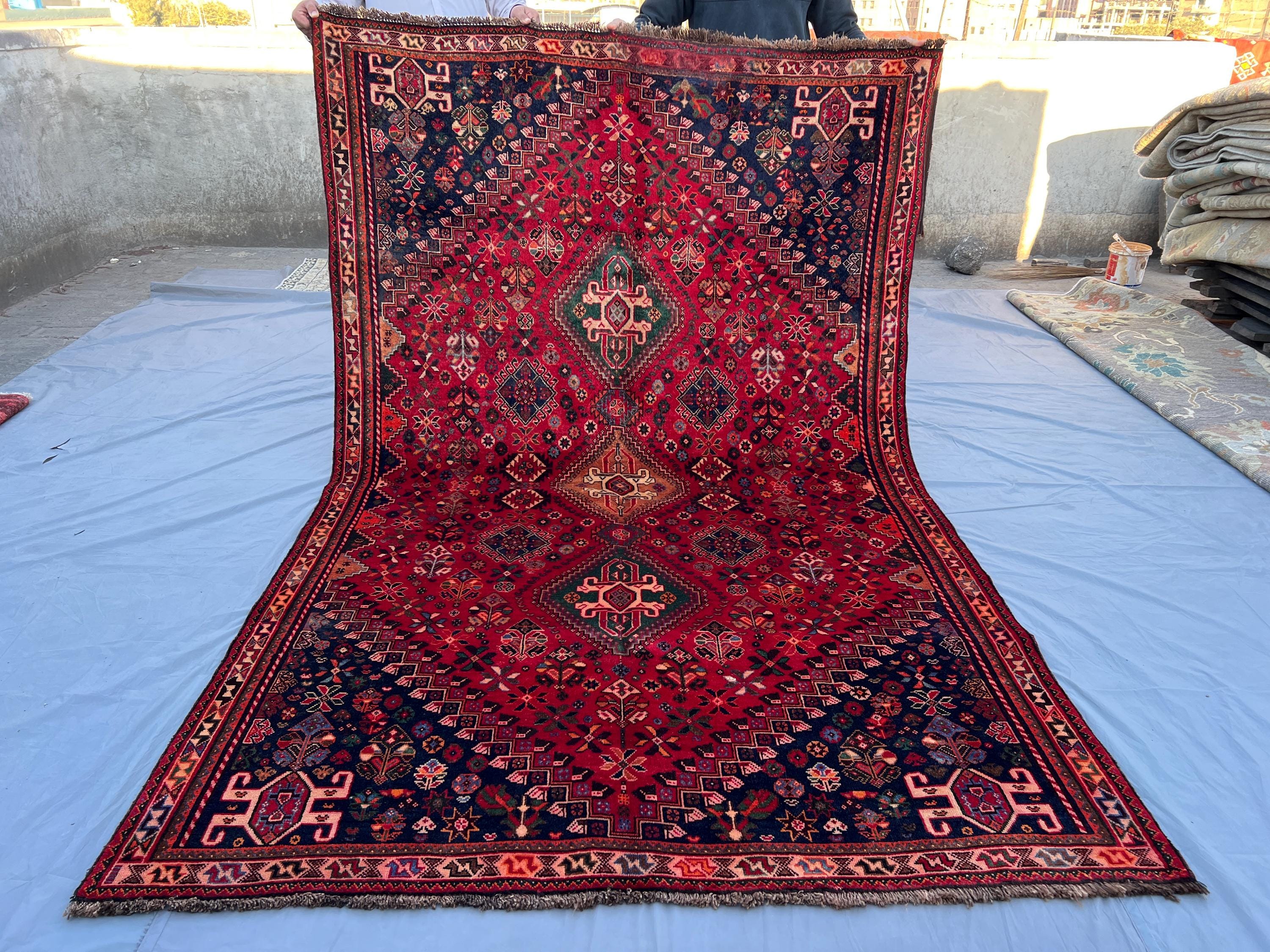 Handmade Afghan Turkmen Rug | 5'6" x 9'0" Tribal Wool Carpet | Geometric Red Area Rug | Vintage 1960s Rug from Aqcha Village, Afghanistan
