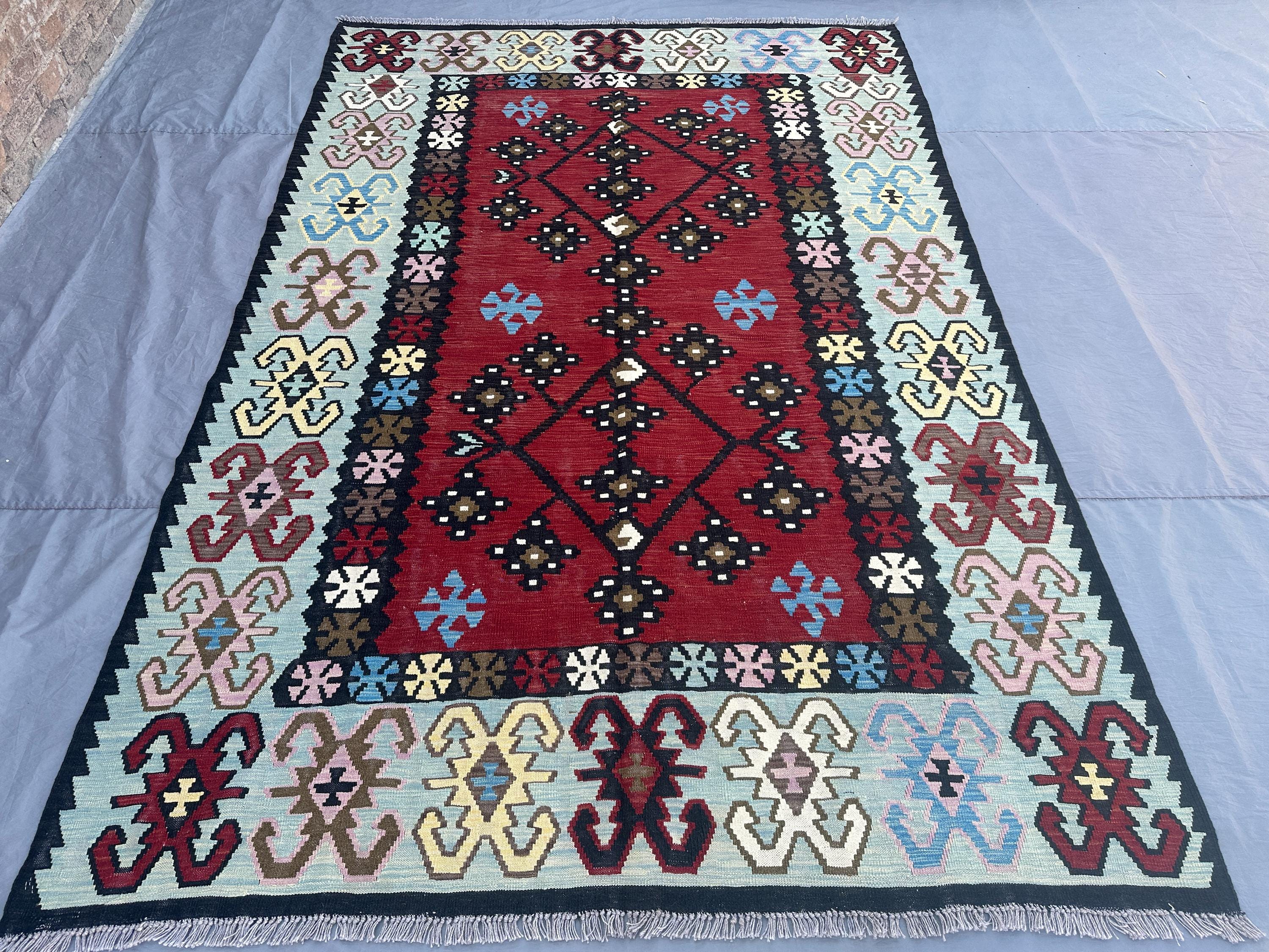 7x10 Afghan Kilim Rug | Handwoven Wool Flat Weave Carpet | Navajo Style rug Tribal Geometric Pattern | Boho Or