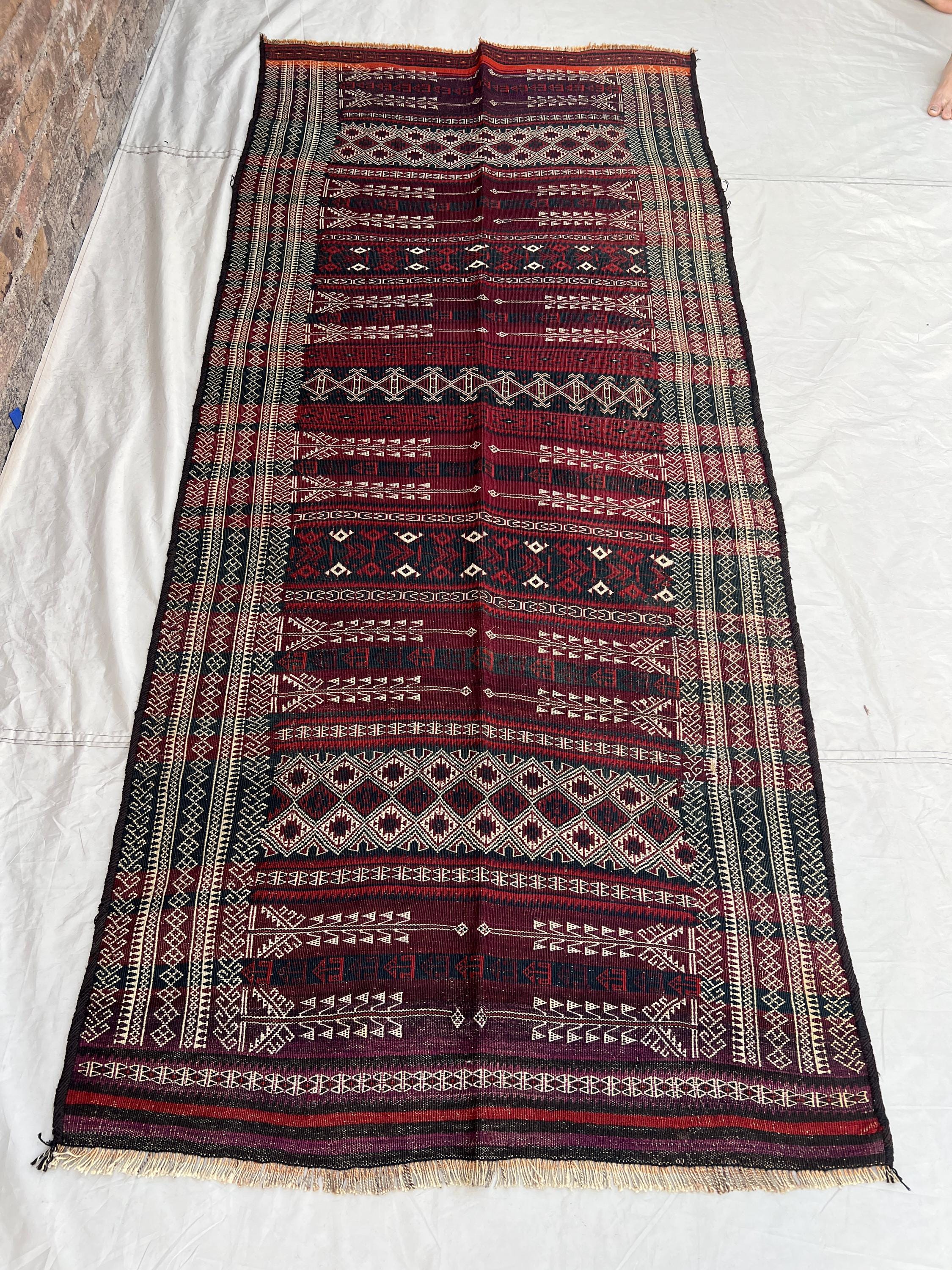 3'8x8'4 Vintage Afghan Flat Woven Soumak Wool Kilim Dark Burgundy Green Geometric Diamond Arrow Tribal Boho Living Room Hallway Carpet