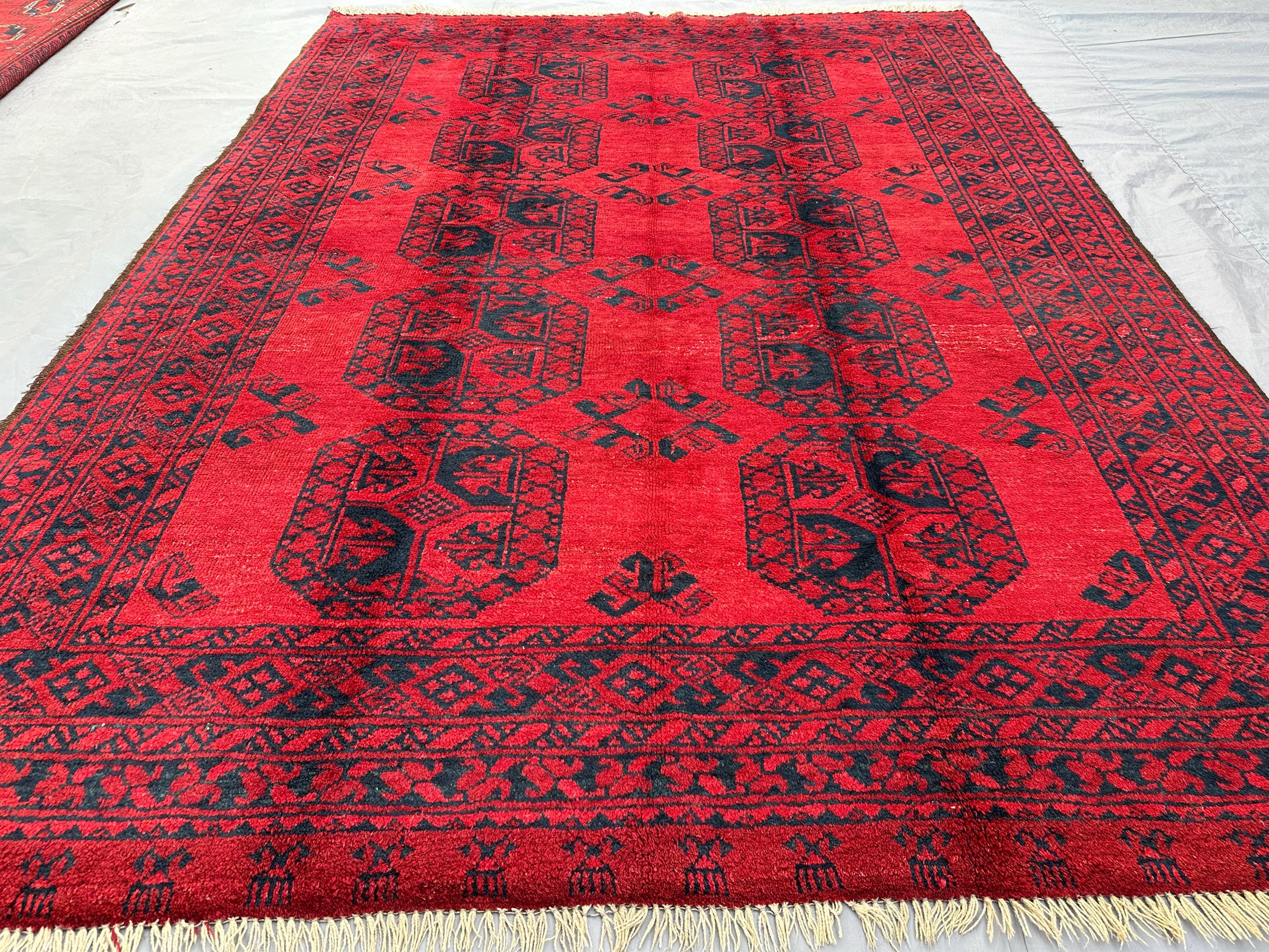 6x8 Red Black Afghan Bukhara Rug | Hand Knotted Wool Tribal Carpet | Vintage Turkmen Geometric Area Rug | Living Room Decor, Bedroom rug