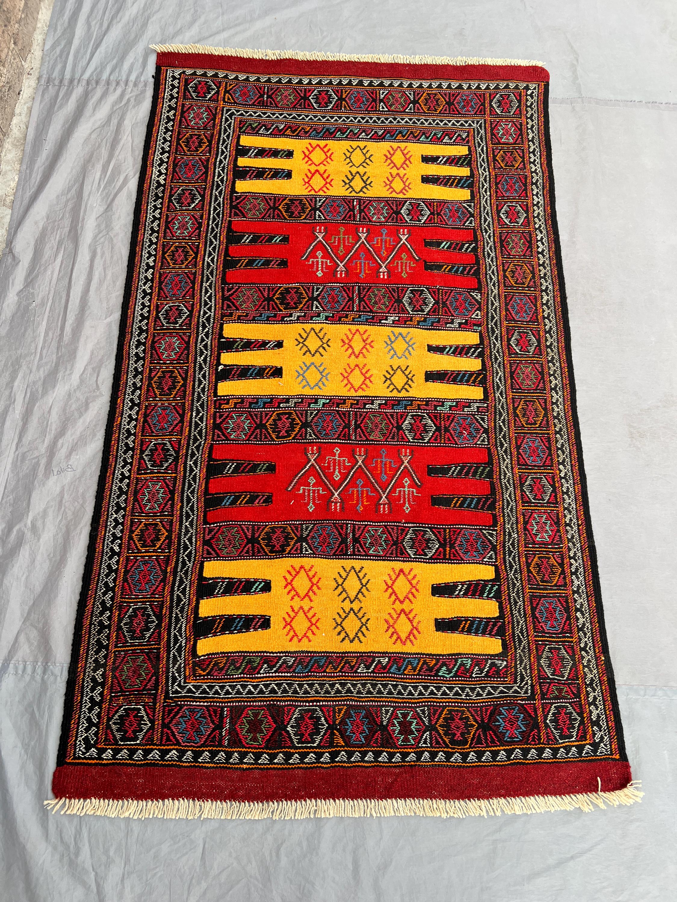 3'4x5'9 ft Antique Afghan Handknotted Kilim Rug - Bold Red & Yellow Geometric Design, Traditional Wool Flatwea