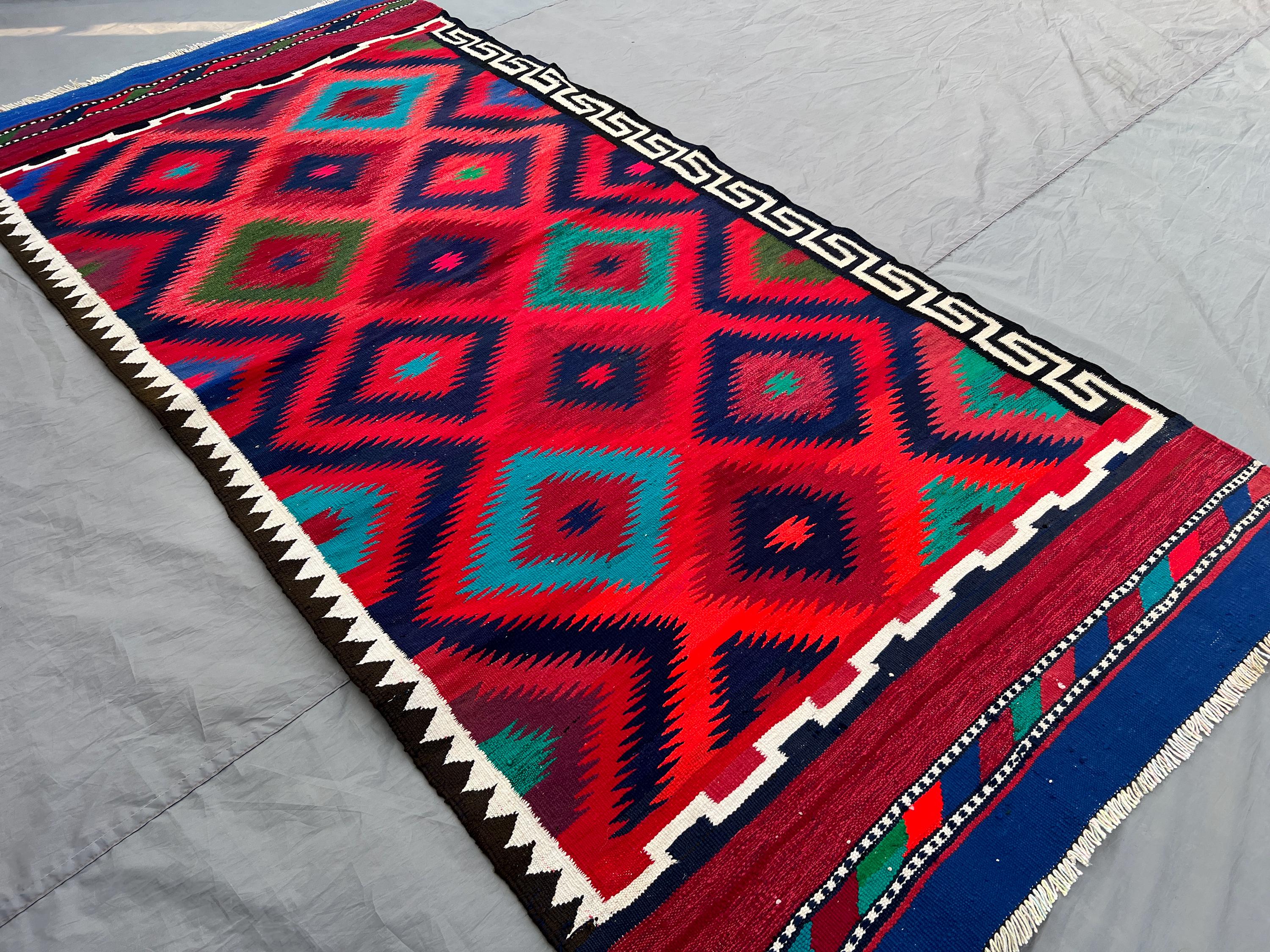 Afghan Kilim Runner | Vintage Flatweave Cotten Rug | Colorful Tribal Diamond Pattern | Long Hallway Carpet, Entryway rug turkish Style Kilim