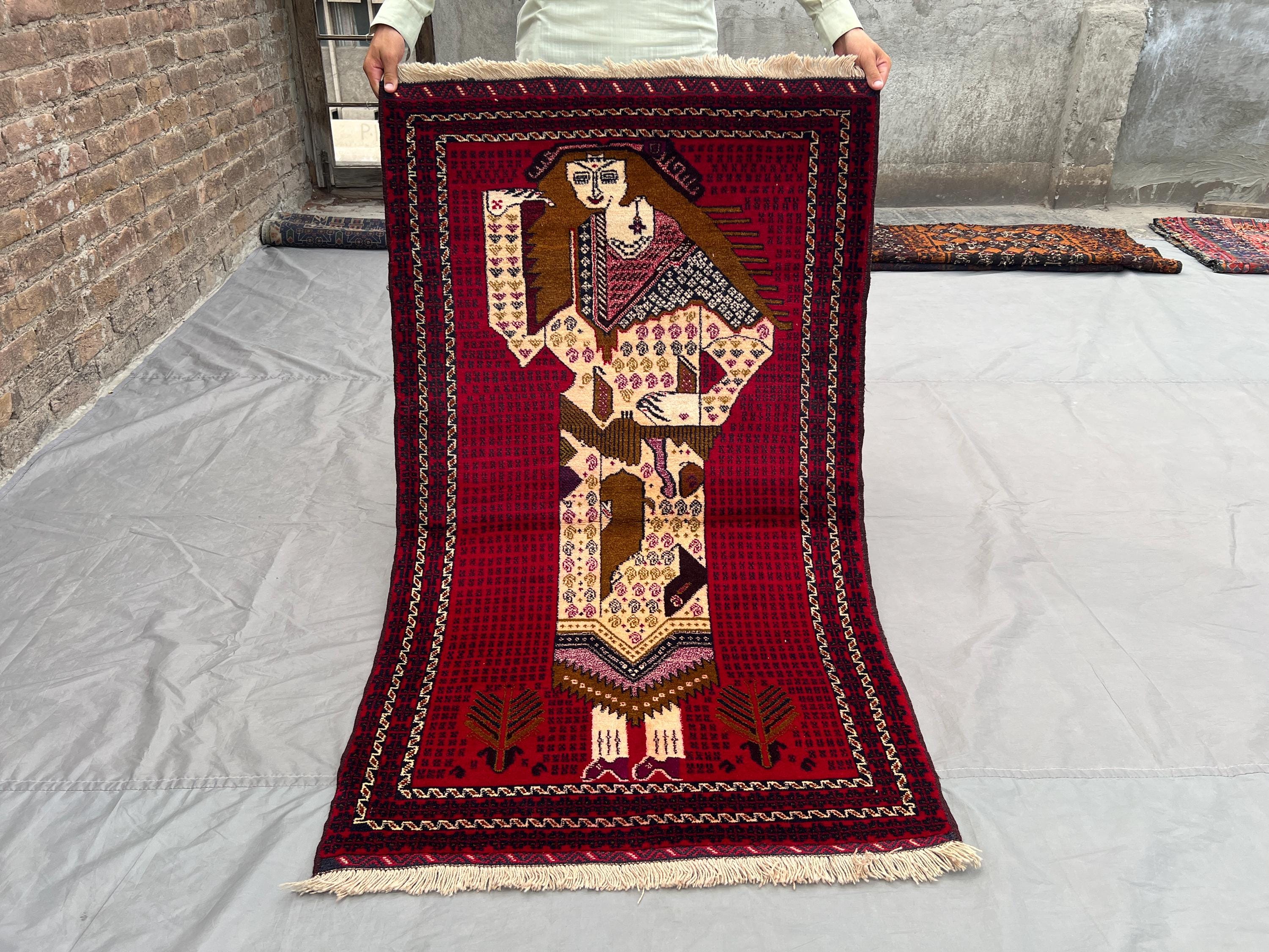 Vintage Afghan Pictorial Queen Rug 2.8x4.9 ft | Baluchi Handmade Art Wall Hanging | Rare Tribal Nomadic Decor