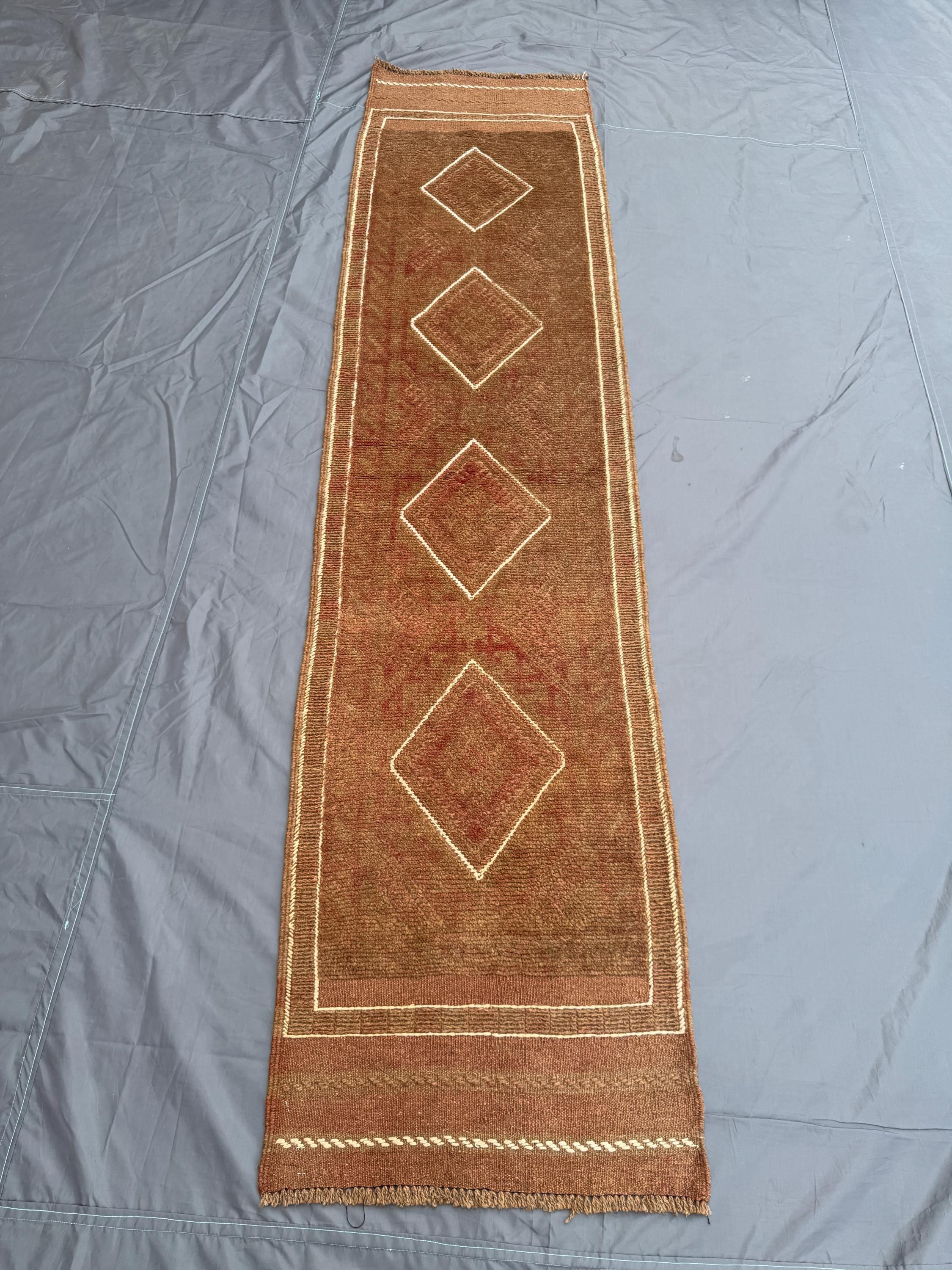 2 × 8 Afghan Hand-Woven Flat Weave Kilim Mishwani Balochi Design Terracotta Brown Faded Tribal Wool Runner Dec
