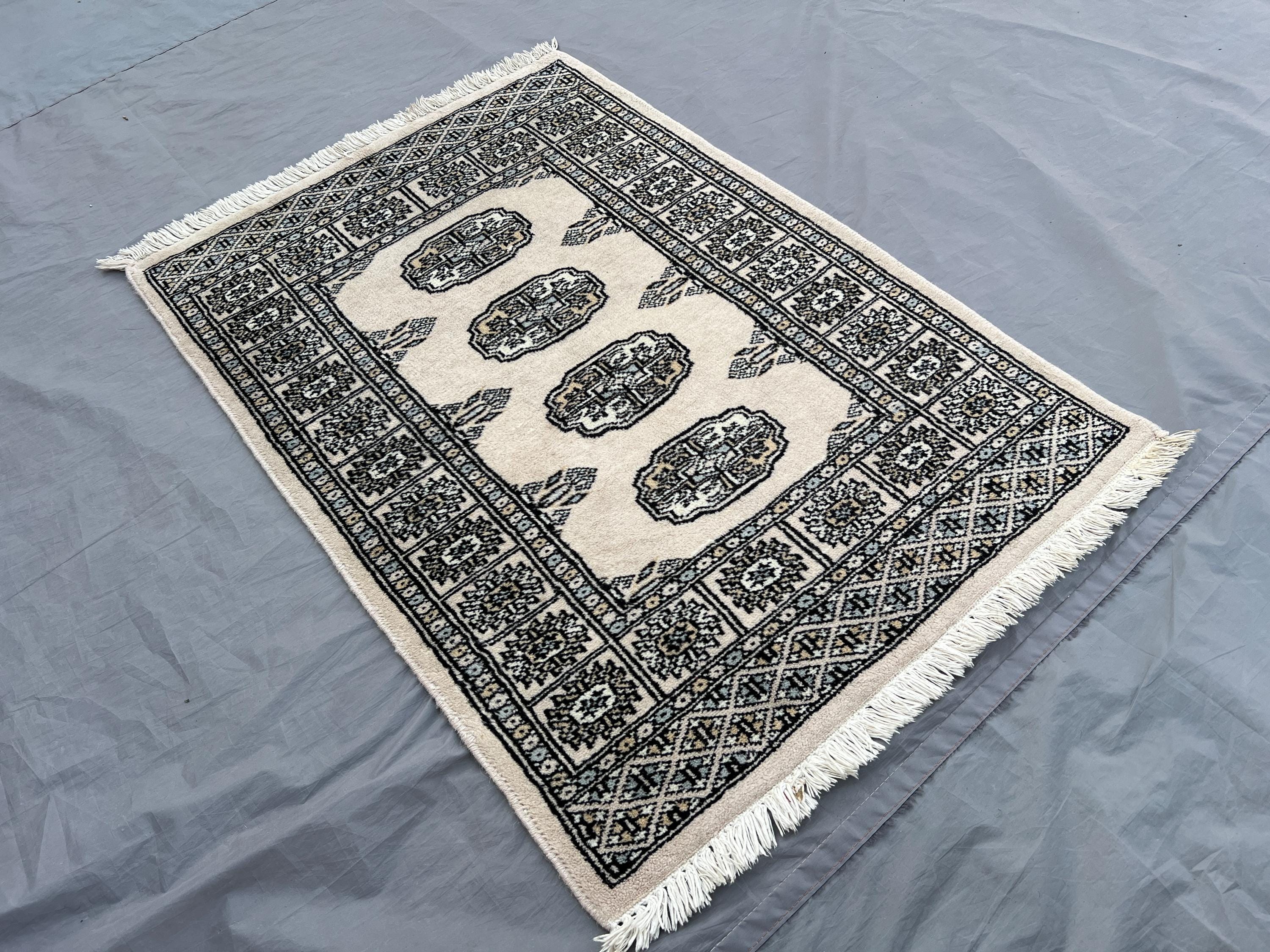 2x3 Vintage Pakistani Rug | Hand Knotted Wool Carpet | Tribal Geometric Pattern | Bukhara Style Small Rug | Boho Accent Area Decor, Kids Rug